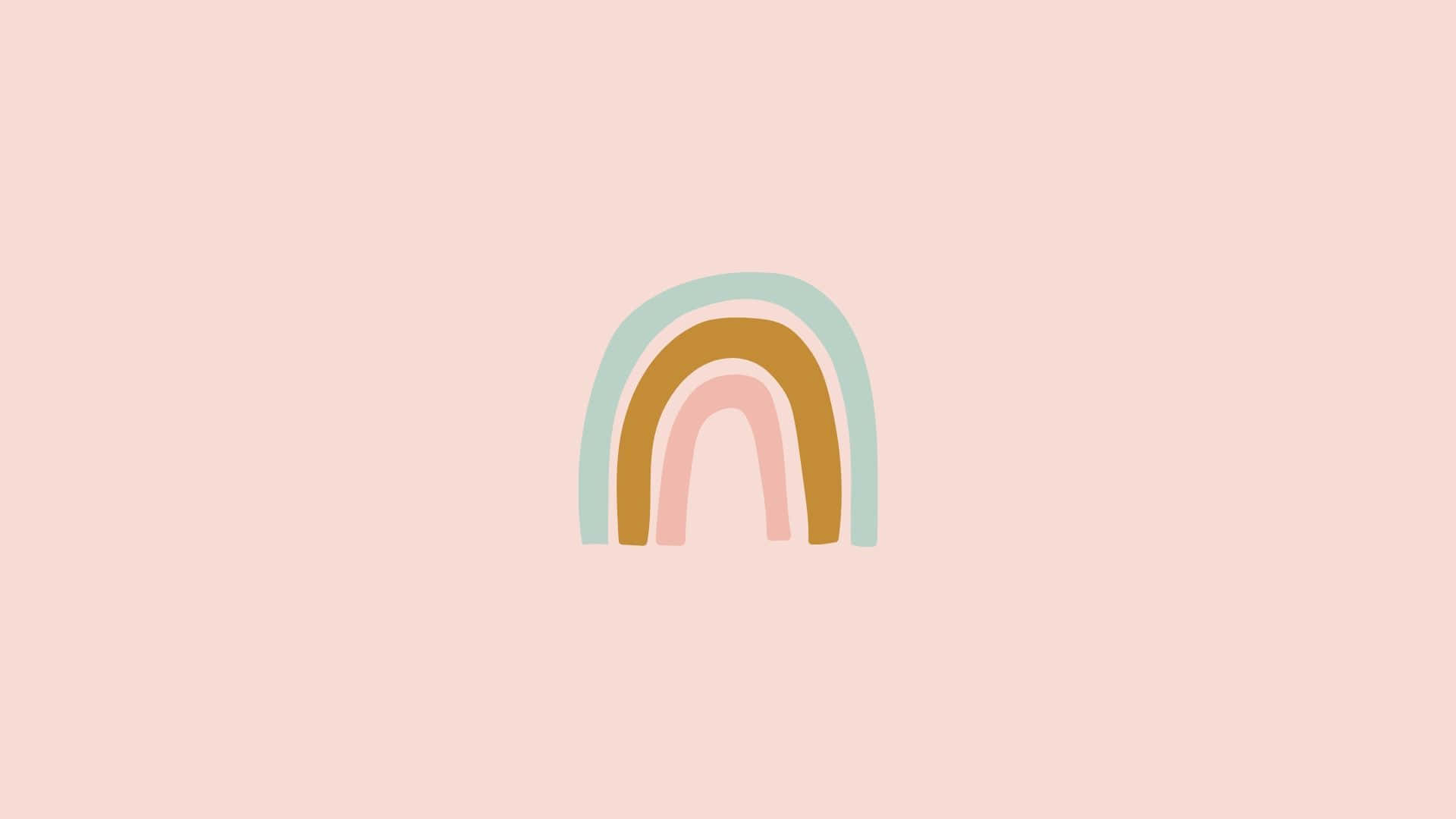 Pastel Minimalist 桌布 壁紙 — 一個極簡風格的柔和彩虹，以薄荷色、蜜桃色和芥末色條紋為中心，置於淺粉紅色背景上。