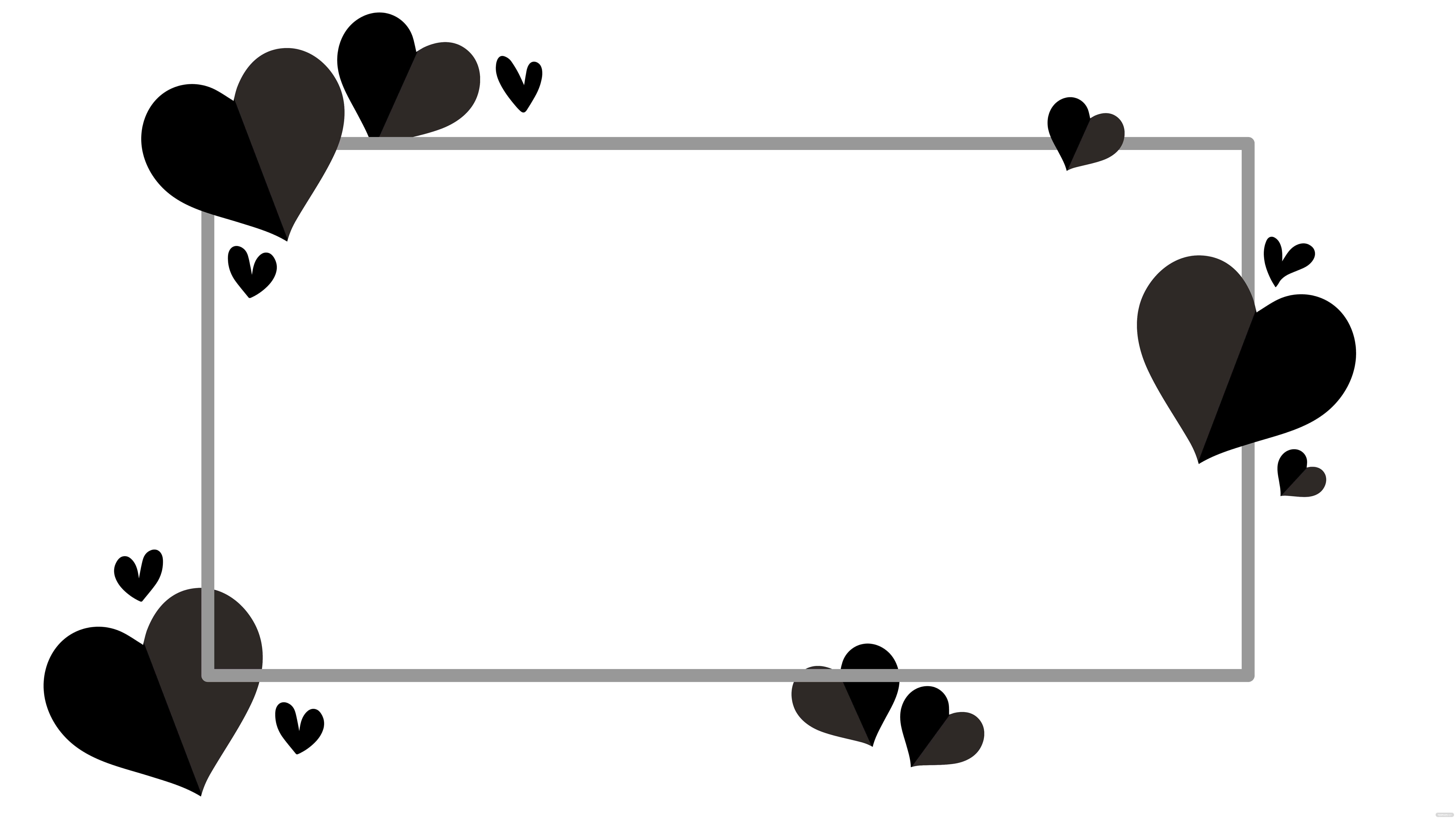 Black And White Heart 桌布 壁紙 — 一個極簡風格的灰色長方形框架，每個角落點綴著不同大小的黑色心形，背景為白色。