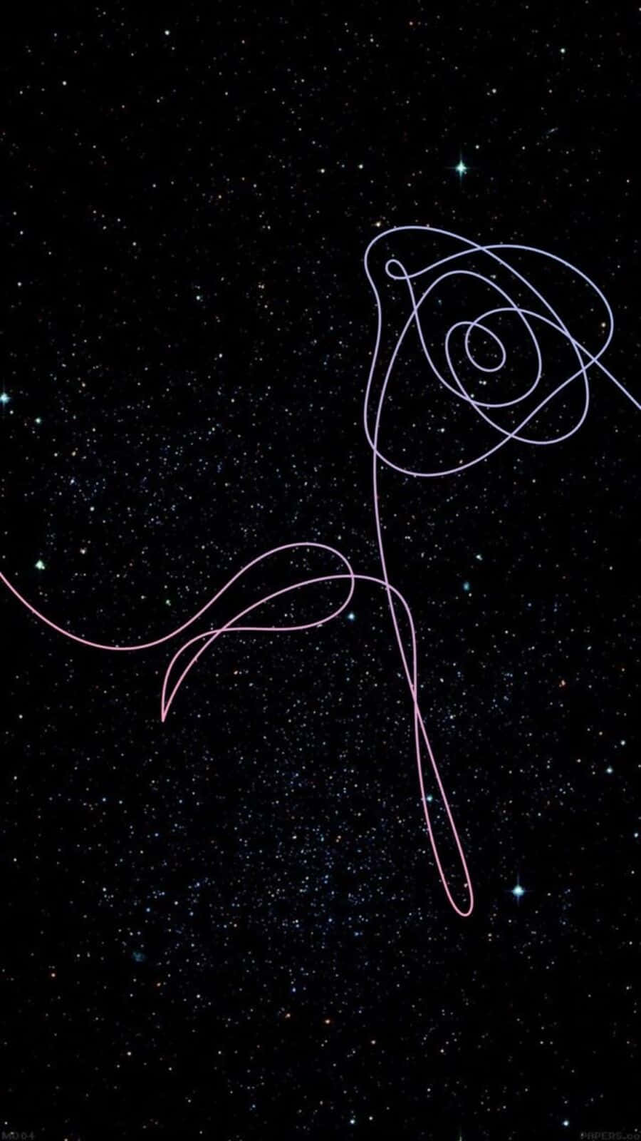 Bts Love Yourself 桌布 壁紙 — 一個極簡風格的發光玫瑰輪廓，粉紅色和藍色，漂浮在繁星點點的宇宙夜空上。