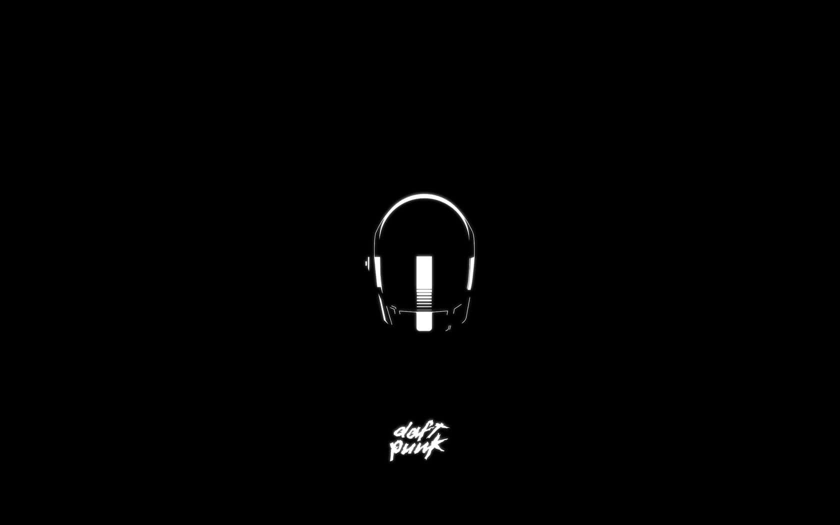 punk 桌布 壁紙 — 一個極簡風格的白色Daft Punk頭盔輪廓，居中於黑色背景上，下方有樂隊名稱。