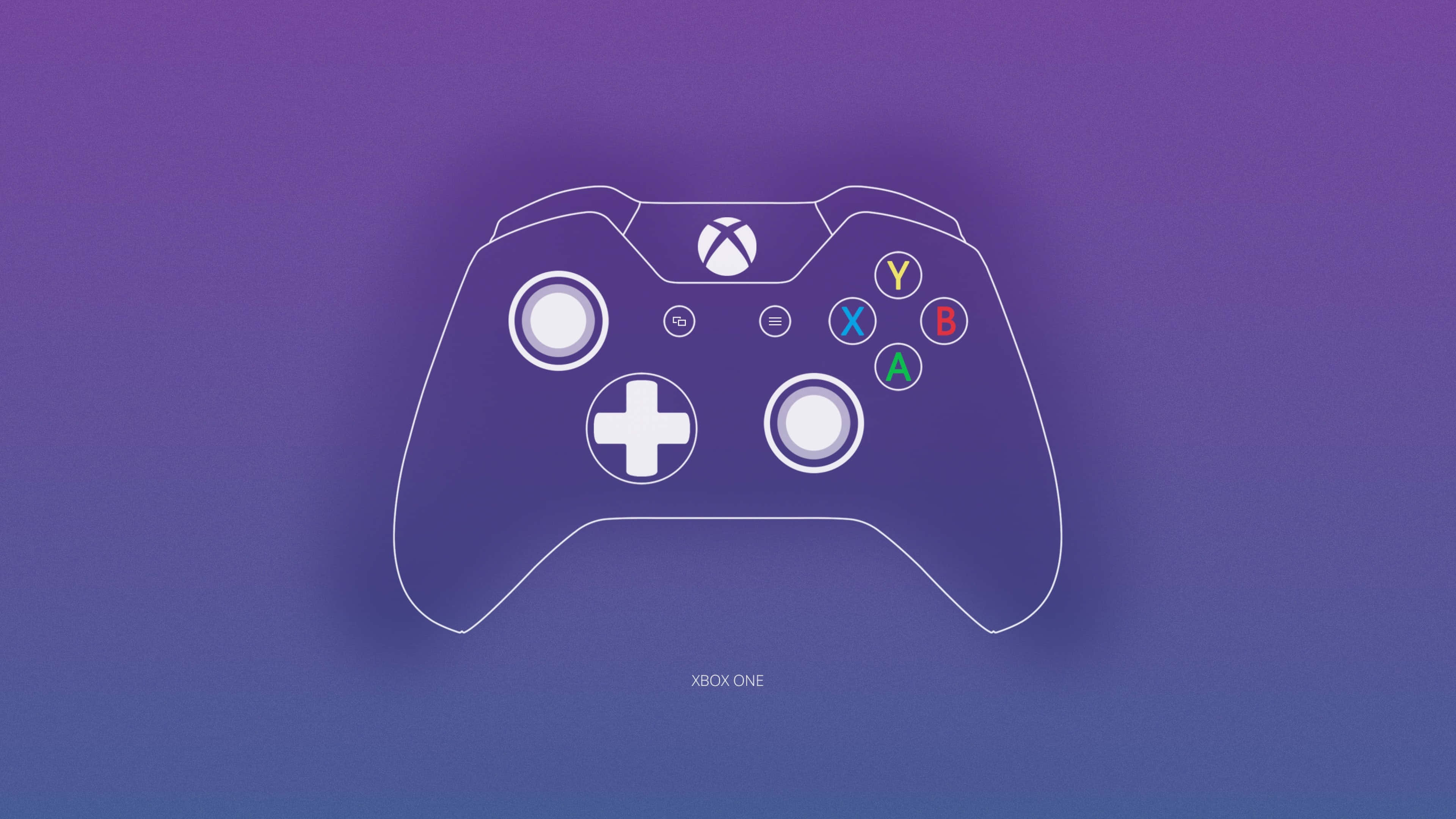 4K Gaming Consoles 桌布 壁紙 — 一個極簡風格的白色Xbox One手掣輪廓漂浮在紫色和藍色漸變背景上。