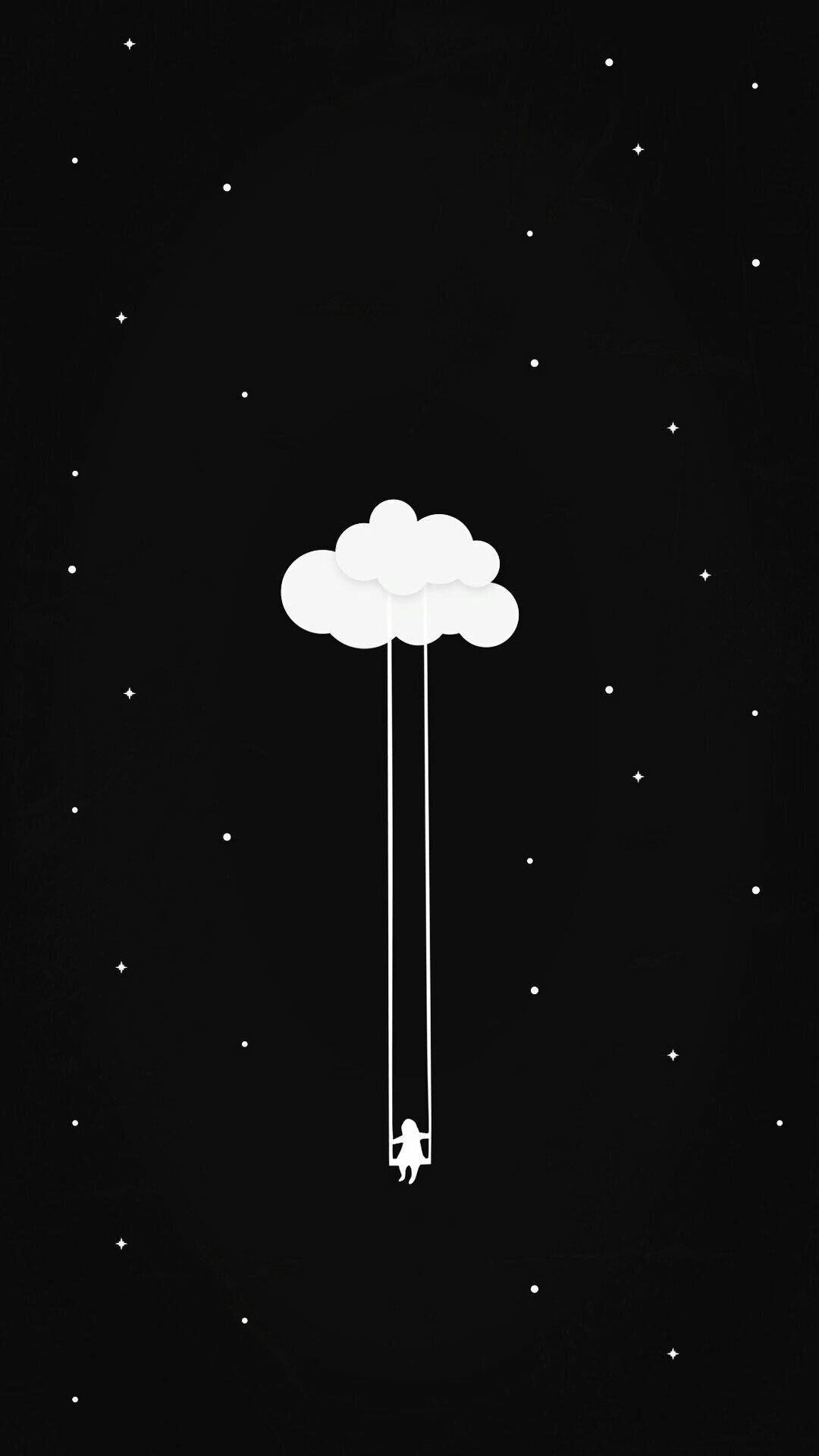 Stars 桌布 壁紙 — 一個極簡風格的白色剪影，描繪一個孩子在星空下的黑色夜空中從雲朵上盪下來。
