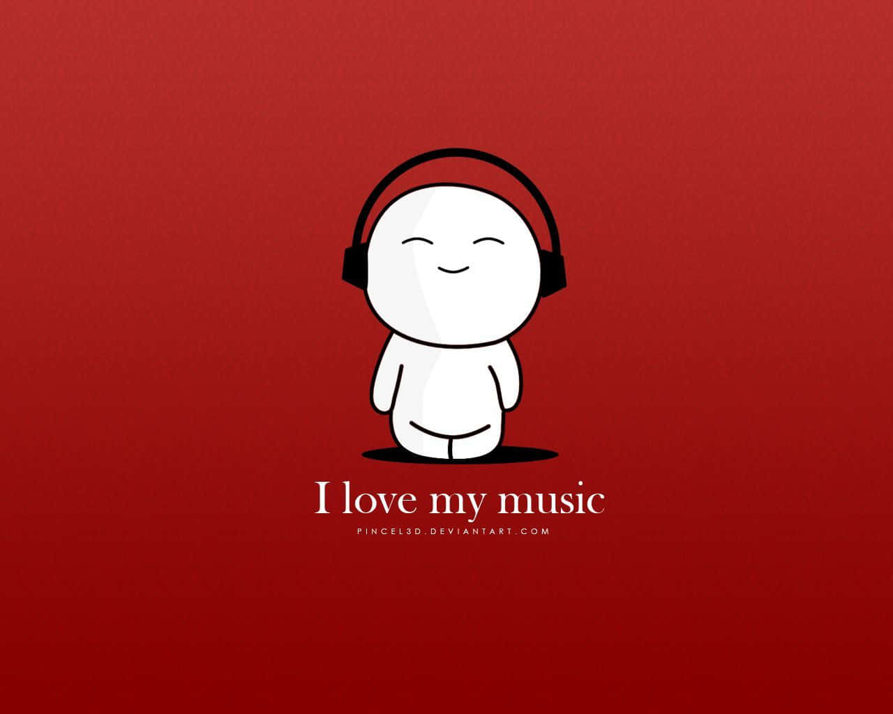 Cute Music 桌布 壁紙 — 一個極簡風格的白色卡通人物，閉著眼睛微笑，戴著黑色耳機，背景為純紅色，並帶有文字「I love my music」。