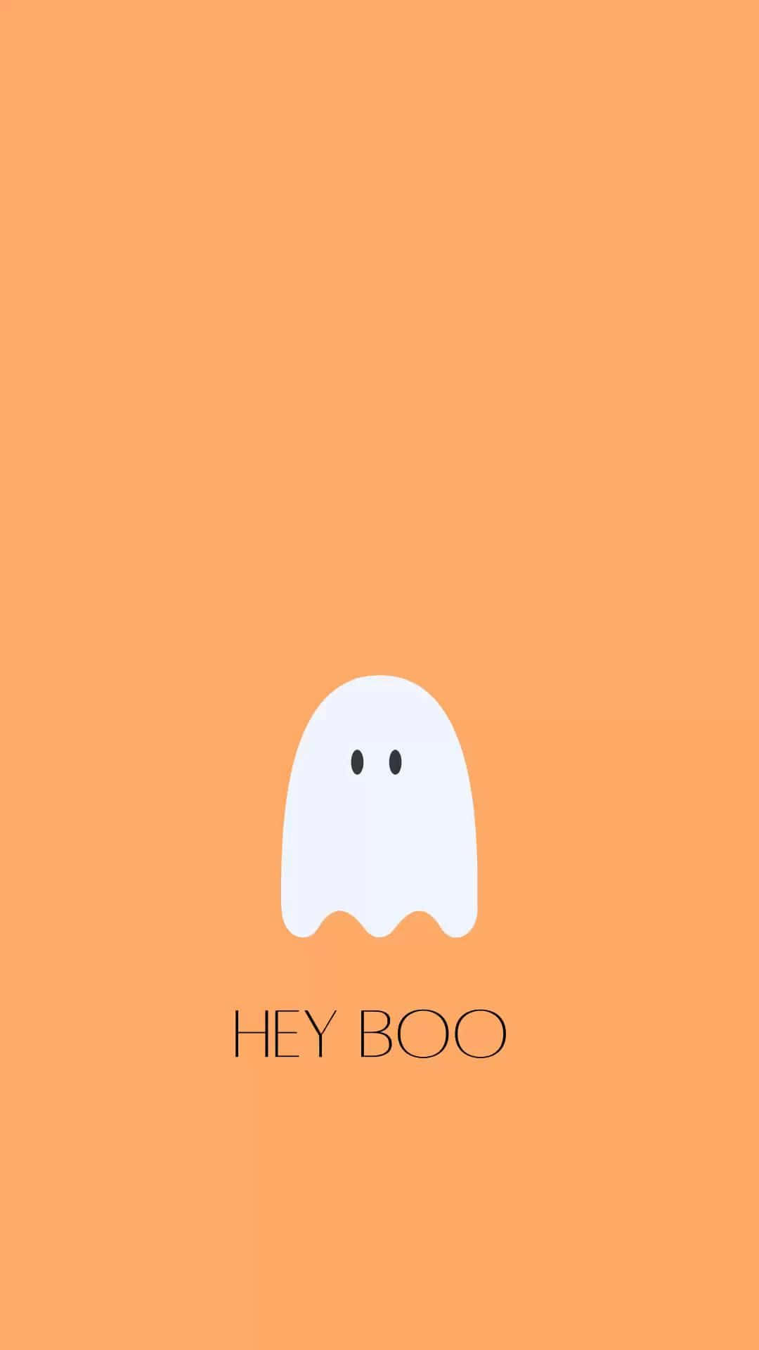 Hey Boo And Stuff 壁紙 — 一個極簡風格的白色幽靈，有兩個黑點作為眼睛，漂浮在純橙色背景上，下方有文字 hey boo。
