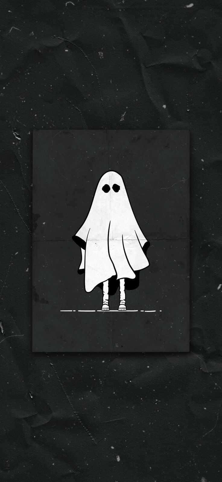 「Boo！」 壁紙 — 一個極簡風格的白色幽靈插圖，居中放置在帶有細微刮痕和斑點的深色紋理背景上。