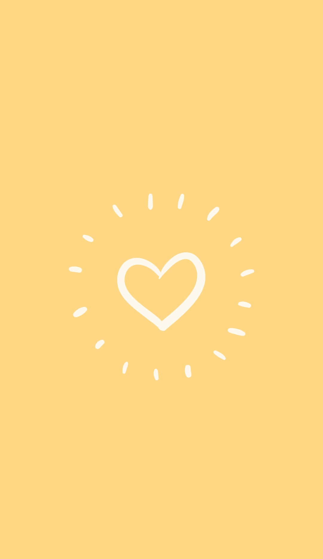Yellow Heart 桌布 壁紙 — 一個極簡風格的白色心形，帶有放射狀虛線，居中於純色溫暖黃色背景上。