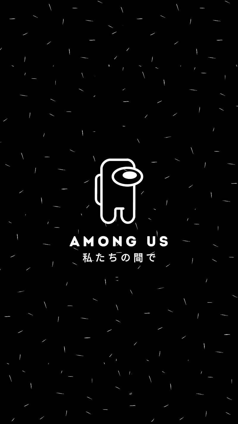 US 桌布 壁紙 — 一個極簡風格的白色線條畫，描繪Among Us角色，背景為黑色，散落著白色斑點。