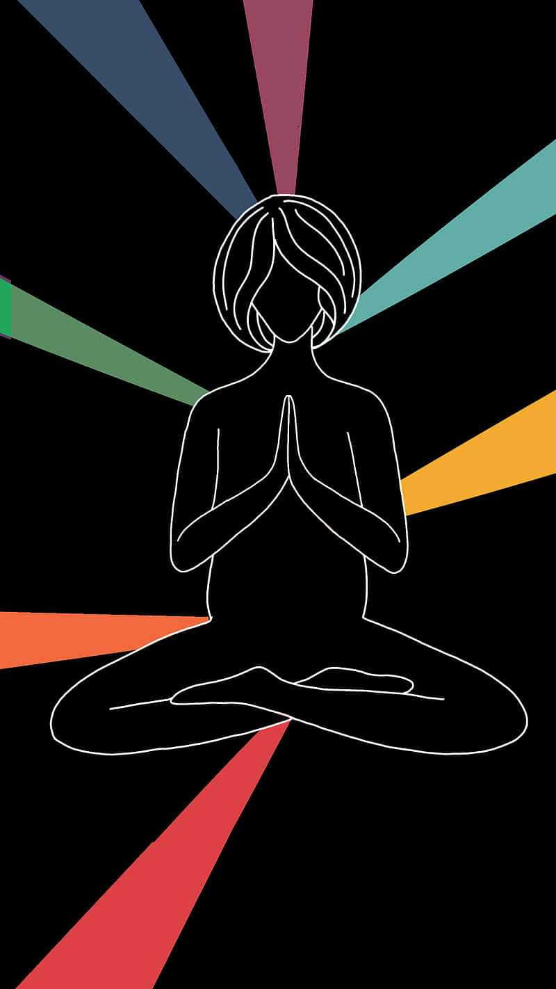 Spiritual Meditation 桌布 壁紙 — 一個極簡風格的白色線條畫，描繪一個人在冥想，周圍環繞著彩色幾何光線，背景為黑色。