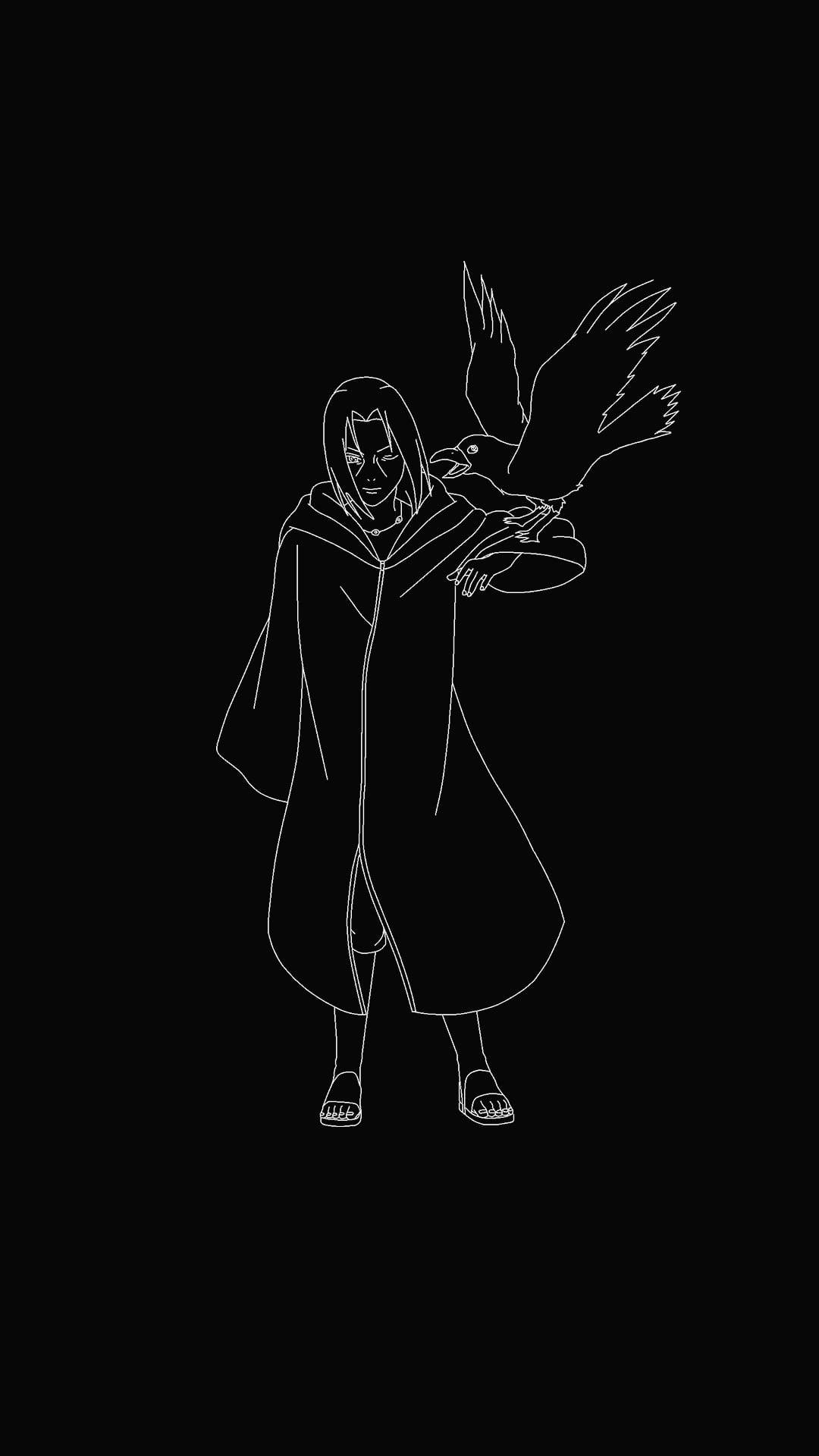 akatsuki itachi 桌布 壁紙 — 一個極簡風格的白色線條畫，描繪一個披著斗篷的人物在純黑背景上手持烏鴉。