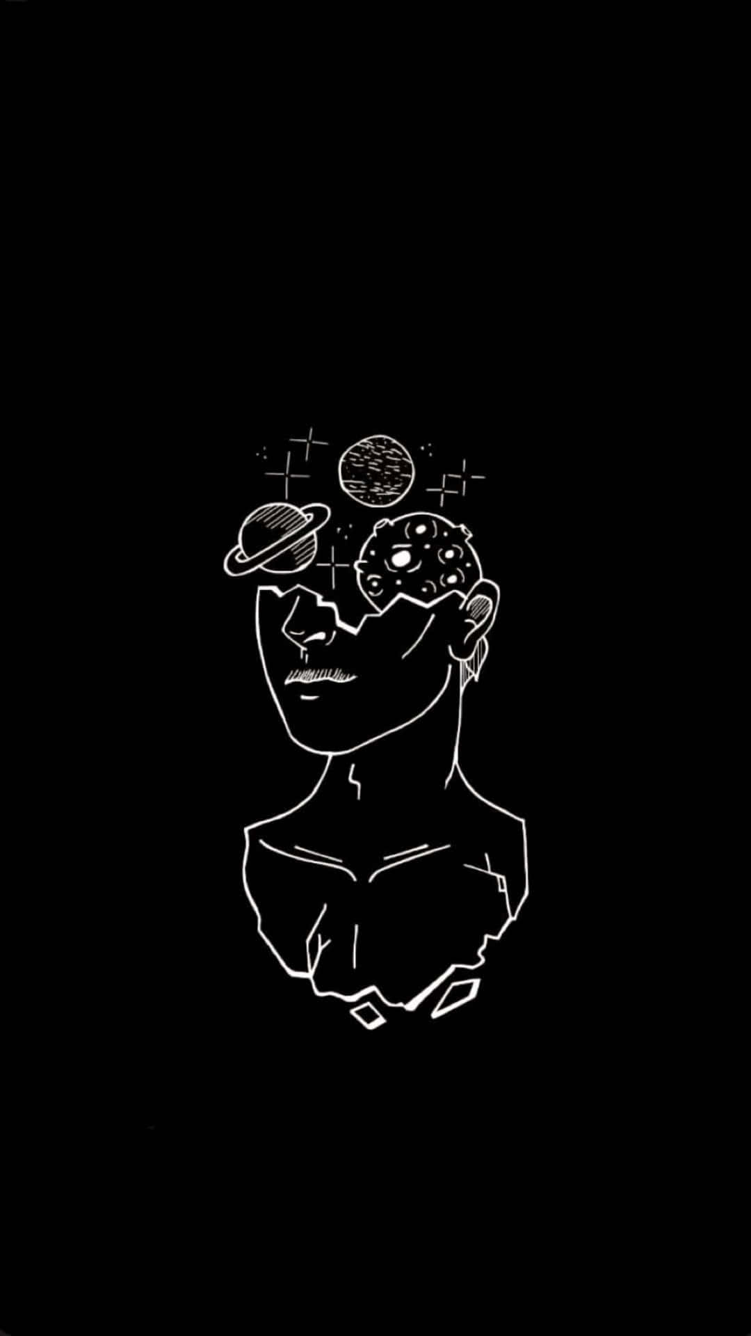 黑白美學 桌布 壁紙 — 一個極簡風格的白色線條畫，描繪一個半身像，頭部有宇宙行星浮現，背景為黑色。