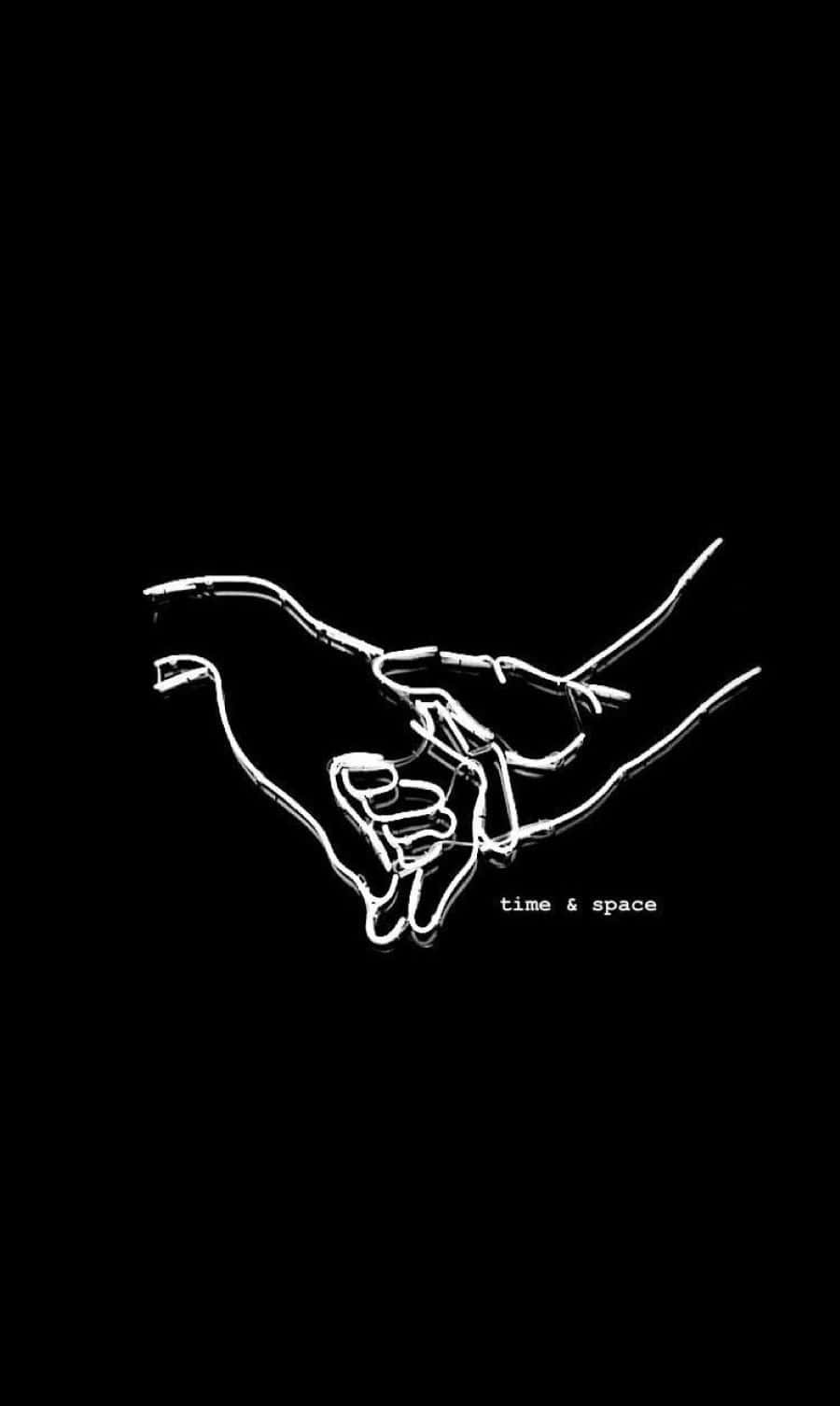 Black Couple 桌布 壁紙 — 一個極簡風格的白色線條畫，描繪兩隻手緊握，背景為黑色，並帶有文字 time & space。