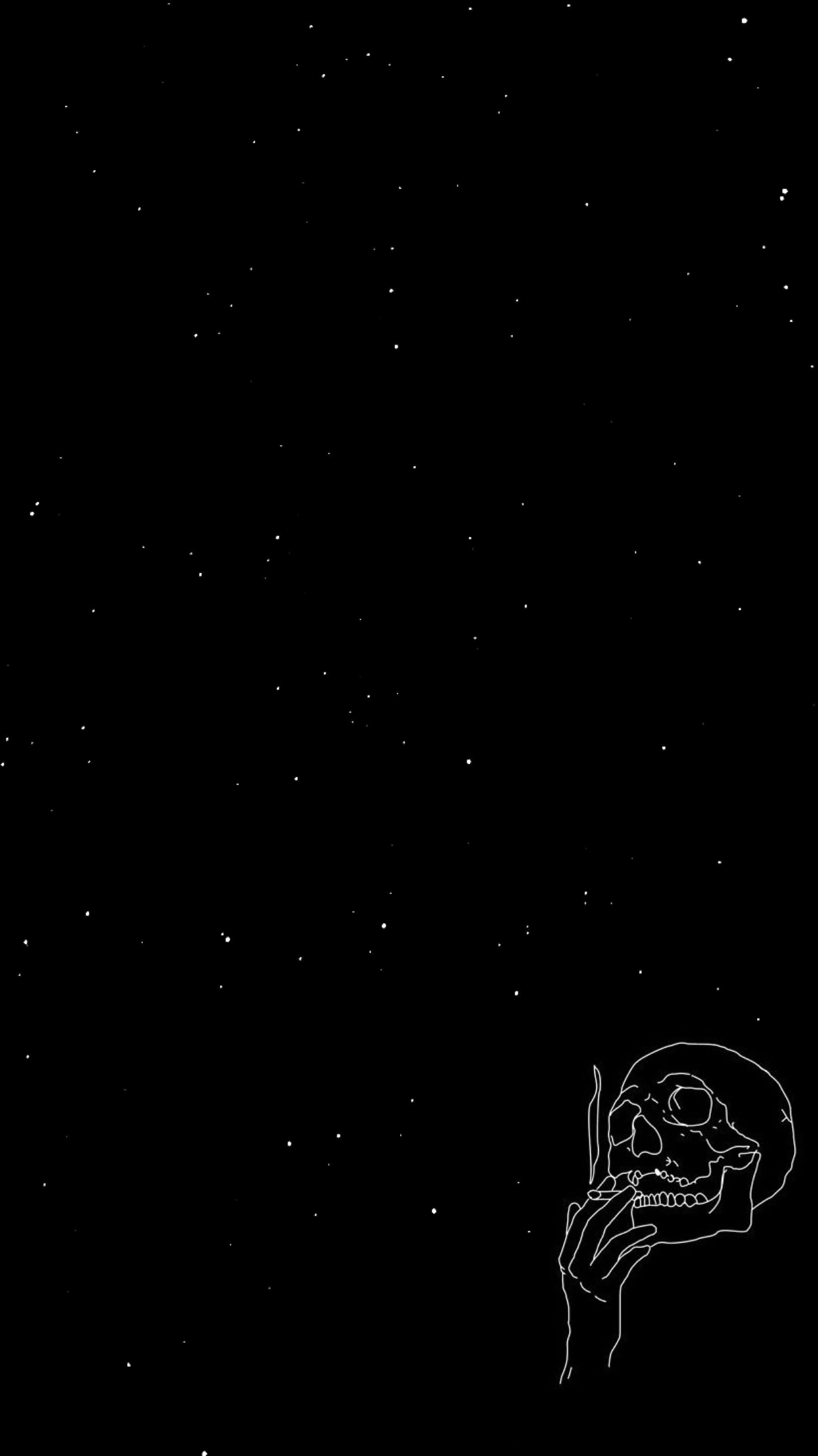 Black And White Star 桌布 壁紙 — 一個極簡風格的白色線條繪畫，描繪一個骷髏頭在繁星點點的黑色夜空下叼著香煙。