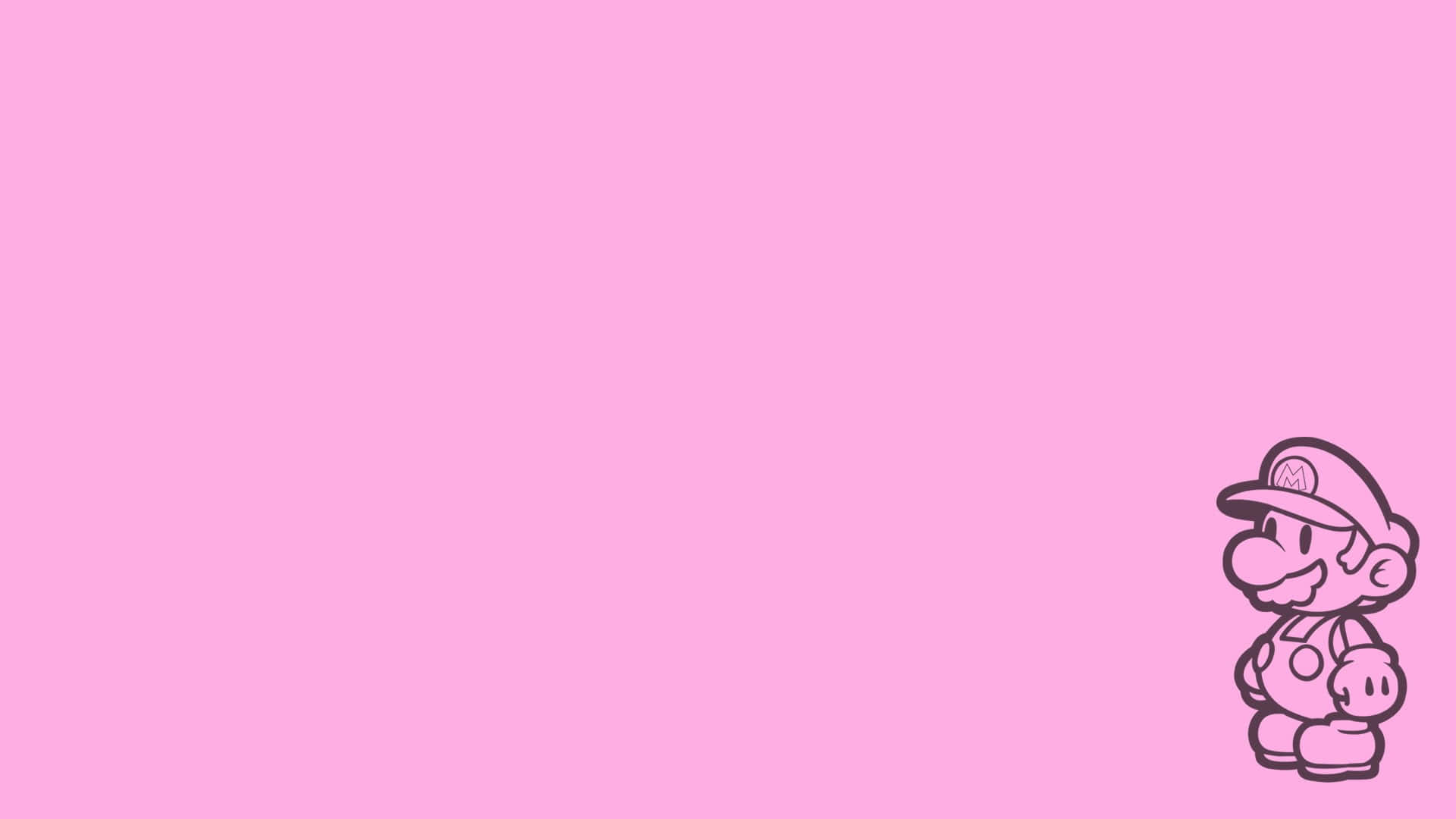 Simple Pink 桌布 壁紙 — 一個極簡風格的粉紅色線條馬里奧獨自站在角落，背景為純粉紅色。
