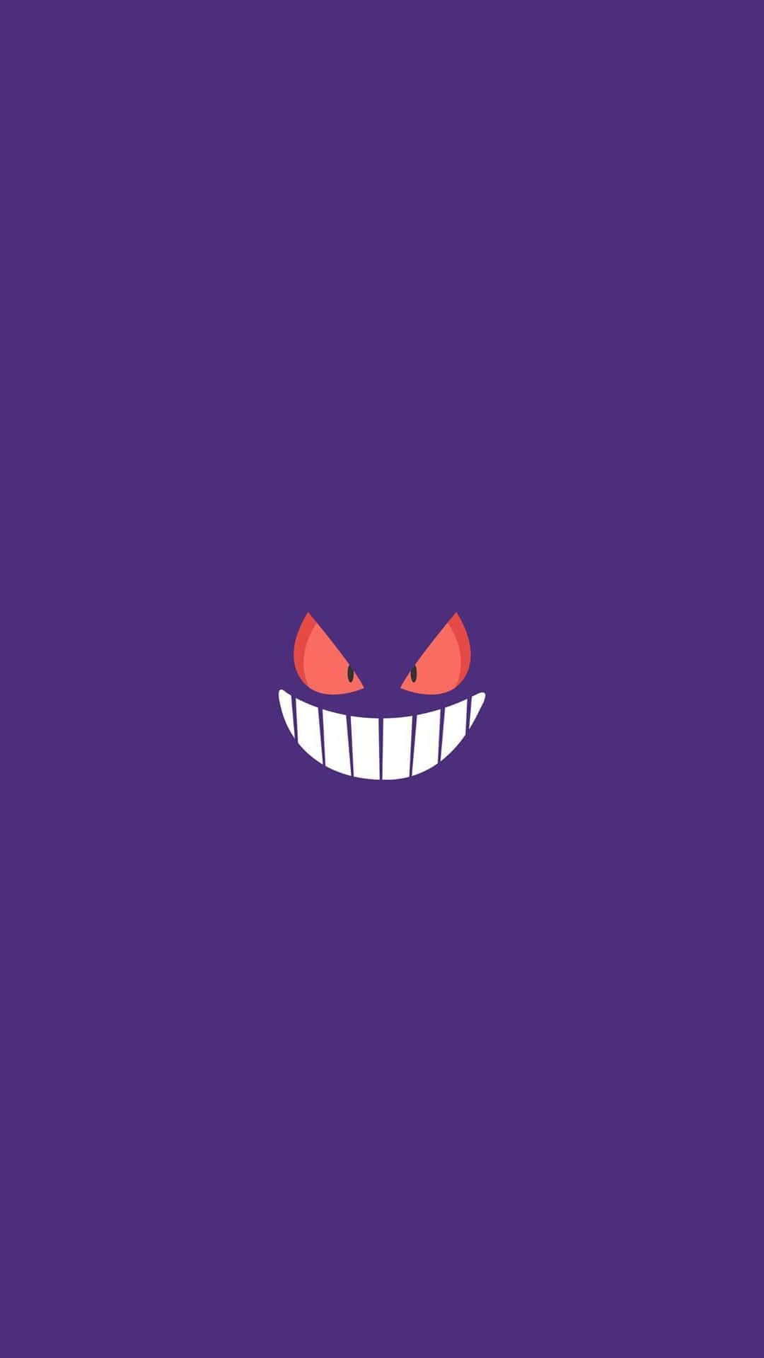 Pokemon Characters 桌布 壁紙 — 一個極簡風格的紫色壁紙，上面有一個卡通鬼魂，有著發光的紅色眼睛和露出牙齒的寬闊笑容。