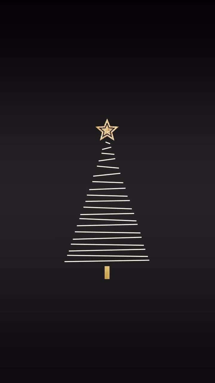 Dark Christmas 桌布 壁紙 — 一個極簡風格的聖誕樹，由白色線條和金色星星組成，背景為深色漸變。