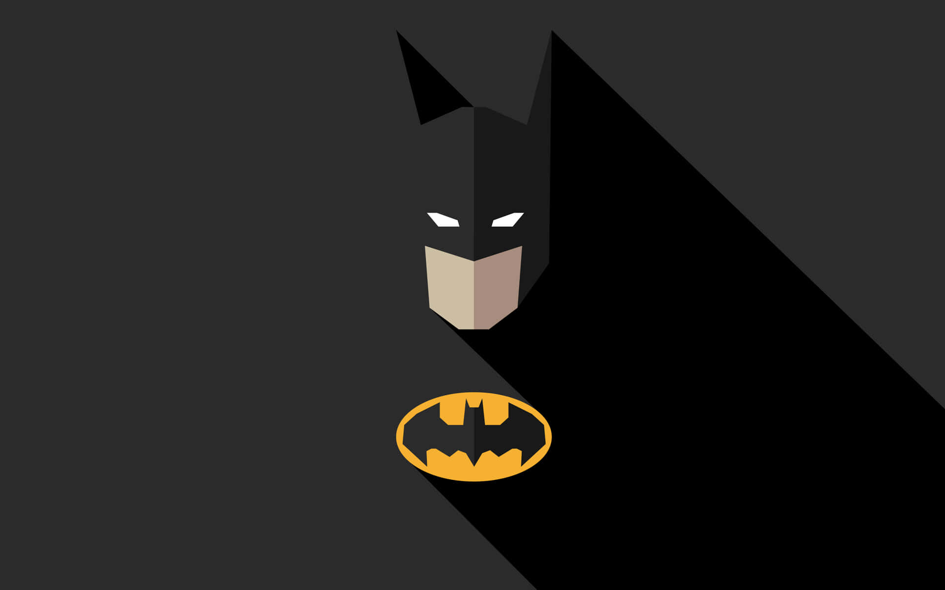 Batman Desktop 桌布 壁紙 — 一個極簡風格的蝙蝠俠面具，帶有發光的眼睛和黃色蝙蝠標誌，在深灰色背景上投下長長的陰影。