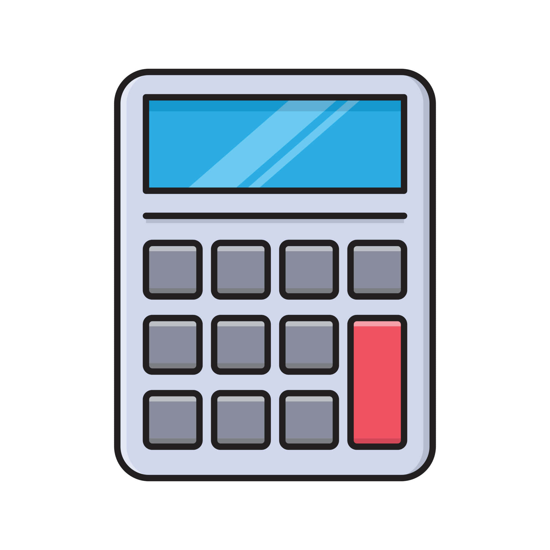 Calculator 桌布 壁紙 — 一個極簡風格的計算機圖標，淺灰色機身、藍色屏幕，白色背景上有一個紅色按鈕。