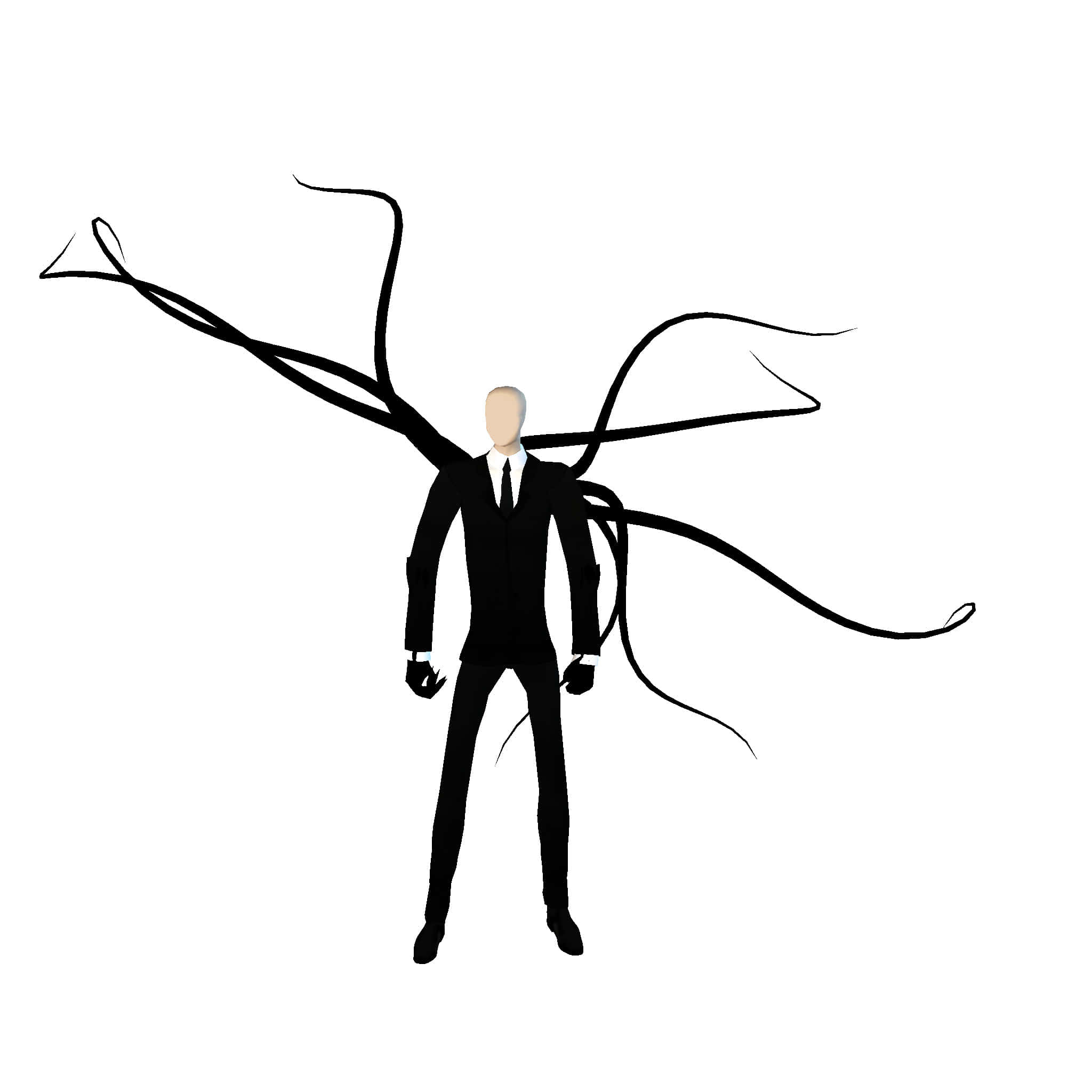 Cartoon Horror 桌布 壁紙 — 一個極簡風格的黑色剪影，描繪一位身穿西裝的無面男子，背部延伸出長長的流動觸手，背景為白色。