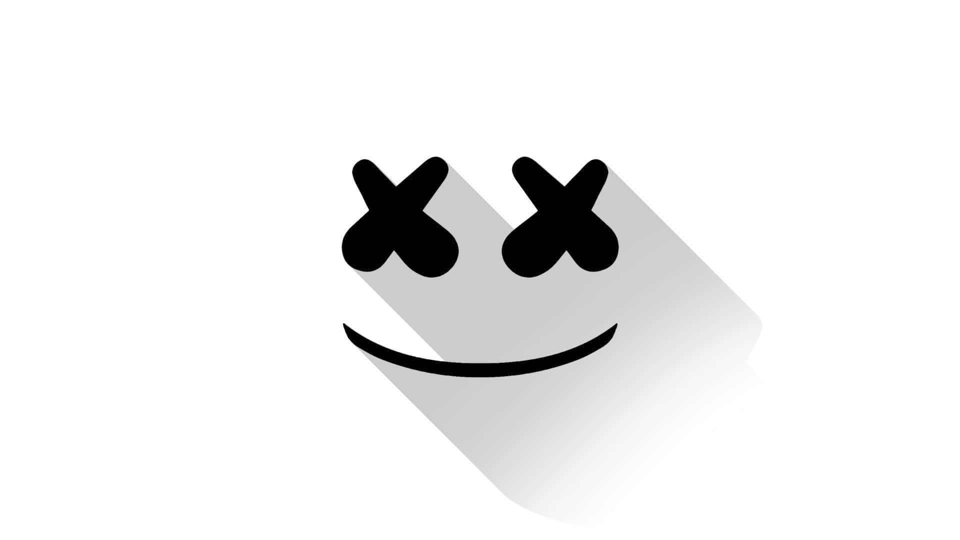 Marshmello 桌布 壁紙 — 一個極簡風格的黑色笑臉，帶有X形眼睛，在純白背景上投下長長的影子。
