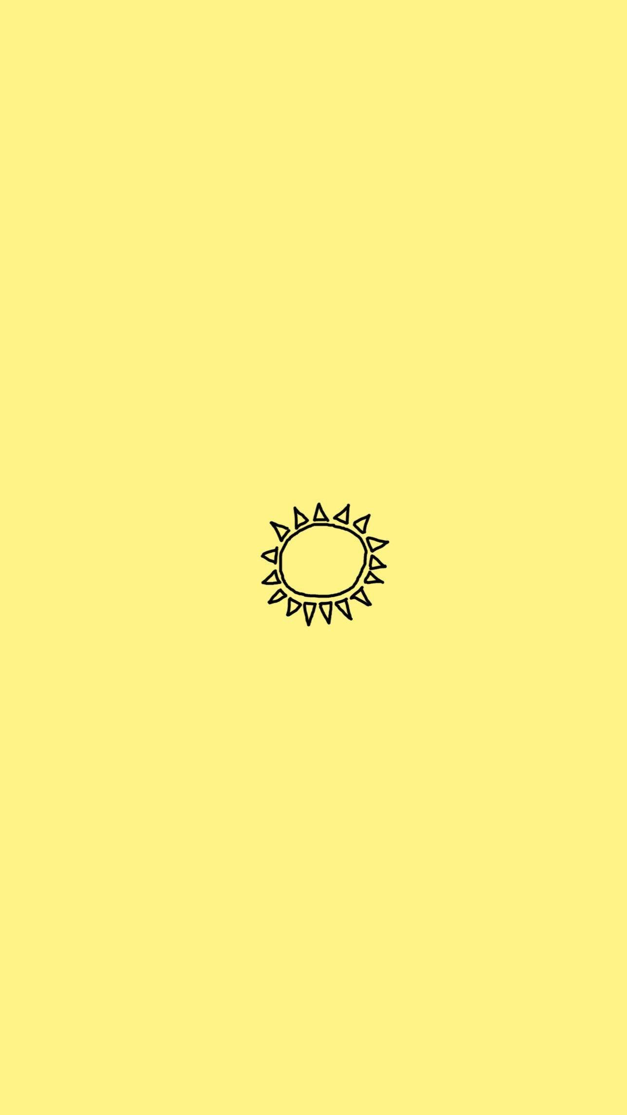 太陽 桌布 壁紙 — 一個極簡風格的黑色線條太陽圖案，帶有三角形光線，居中於純淡黃色背景上。