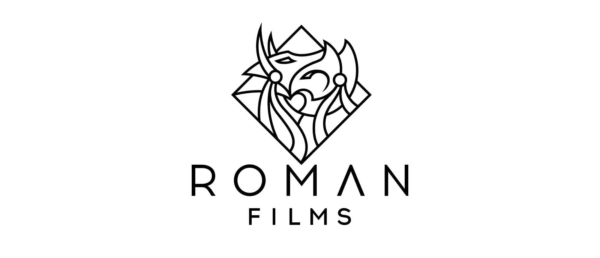 Black And White Logo 桌布 壁紙 — 一個極簡風格的黑色線條標誌，在菱形內有一個風格化的面孔，上方是文字 Roman Films。