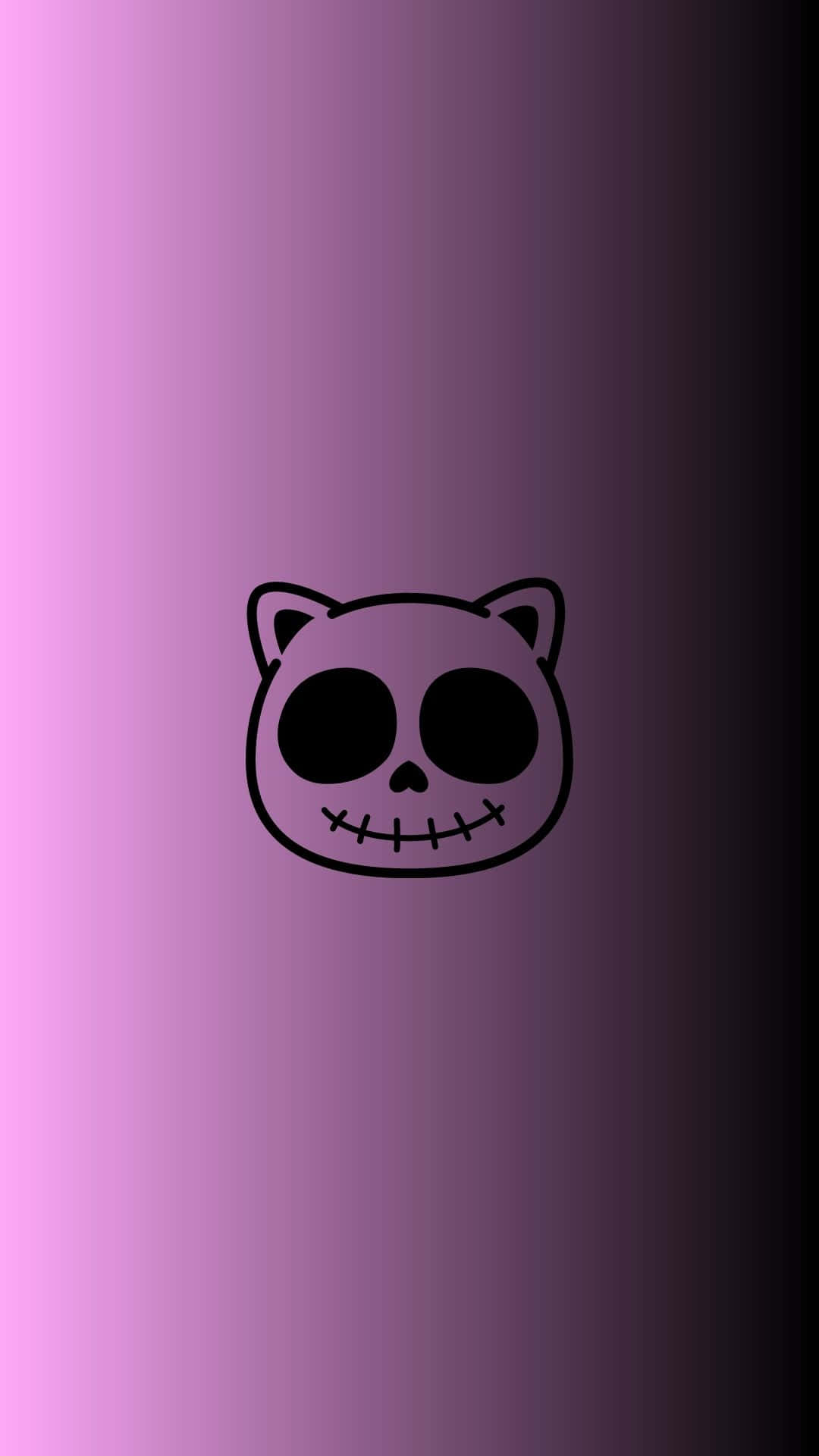Cute Emo 桌布 壁紙 — 一個極簡風格的黑色線條繪圖，描繪一個縫合貓頭骨，置中於紫色到黑色的漸變背景上。