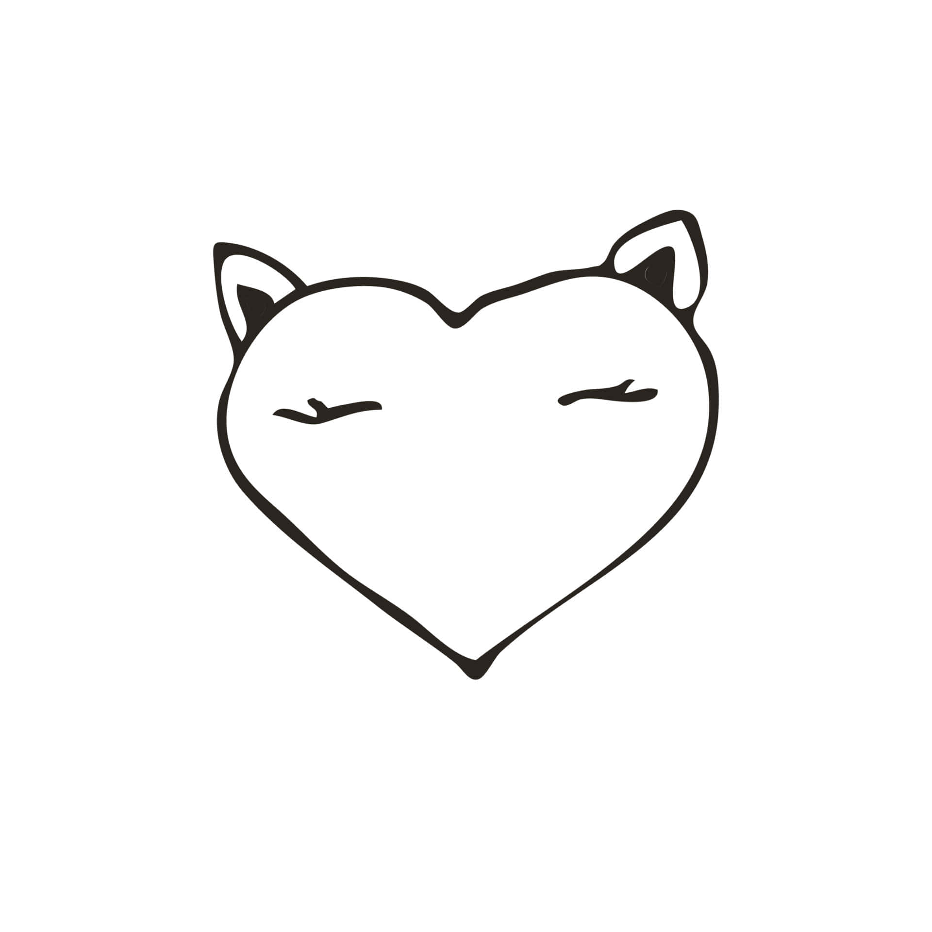 Cute White 桌布 壁紙 — 一個極簡風格的黑色輪廓心形，形狀像貓頭，眼睛和耳朵閉合。