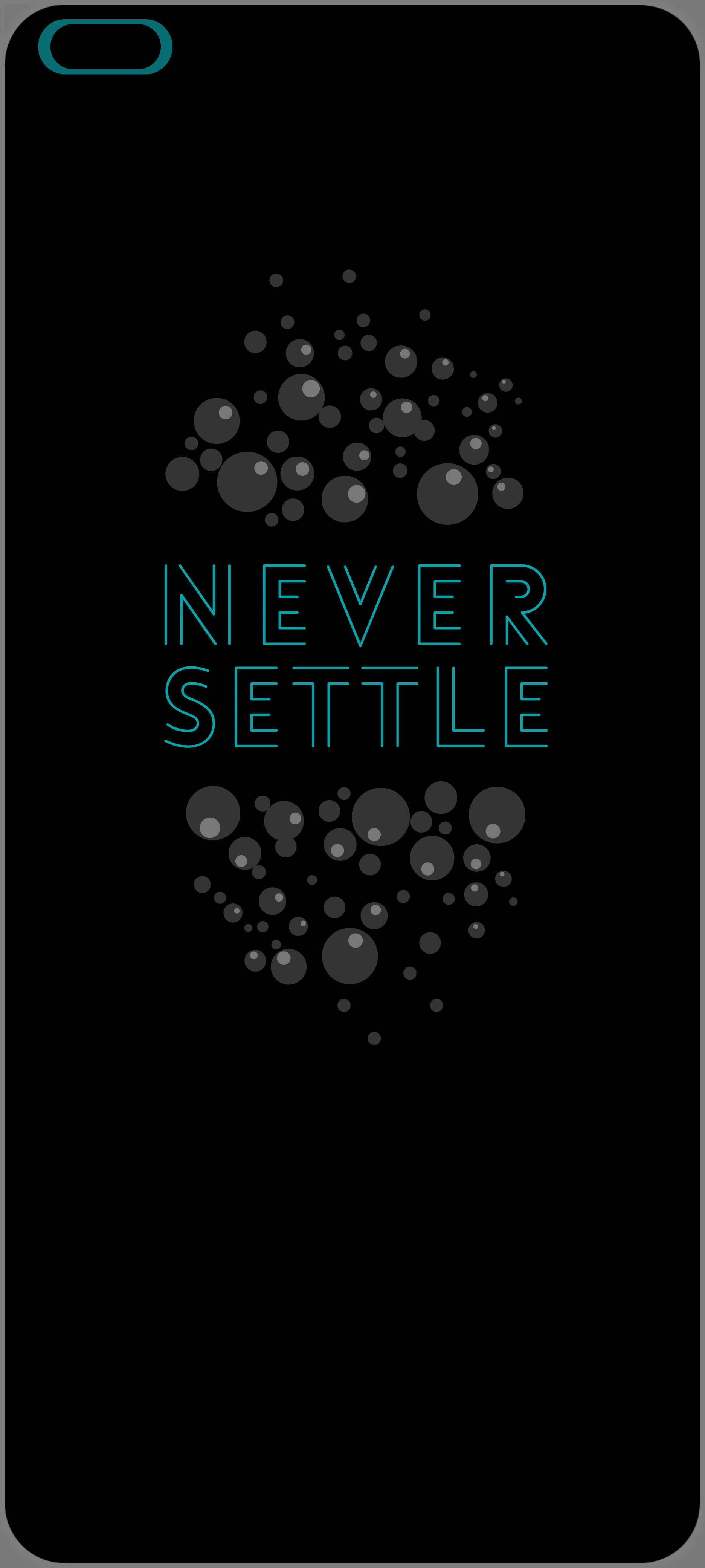 Bubbles 桌布 壁紙 — 一個極簡黑色桌布，帶有發光的青綠色文字 never settle，周圍環繞著灰色氣泡簇。