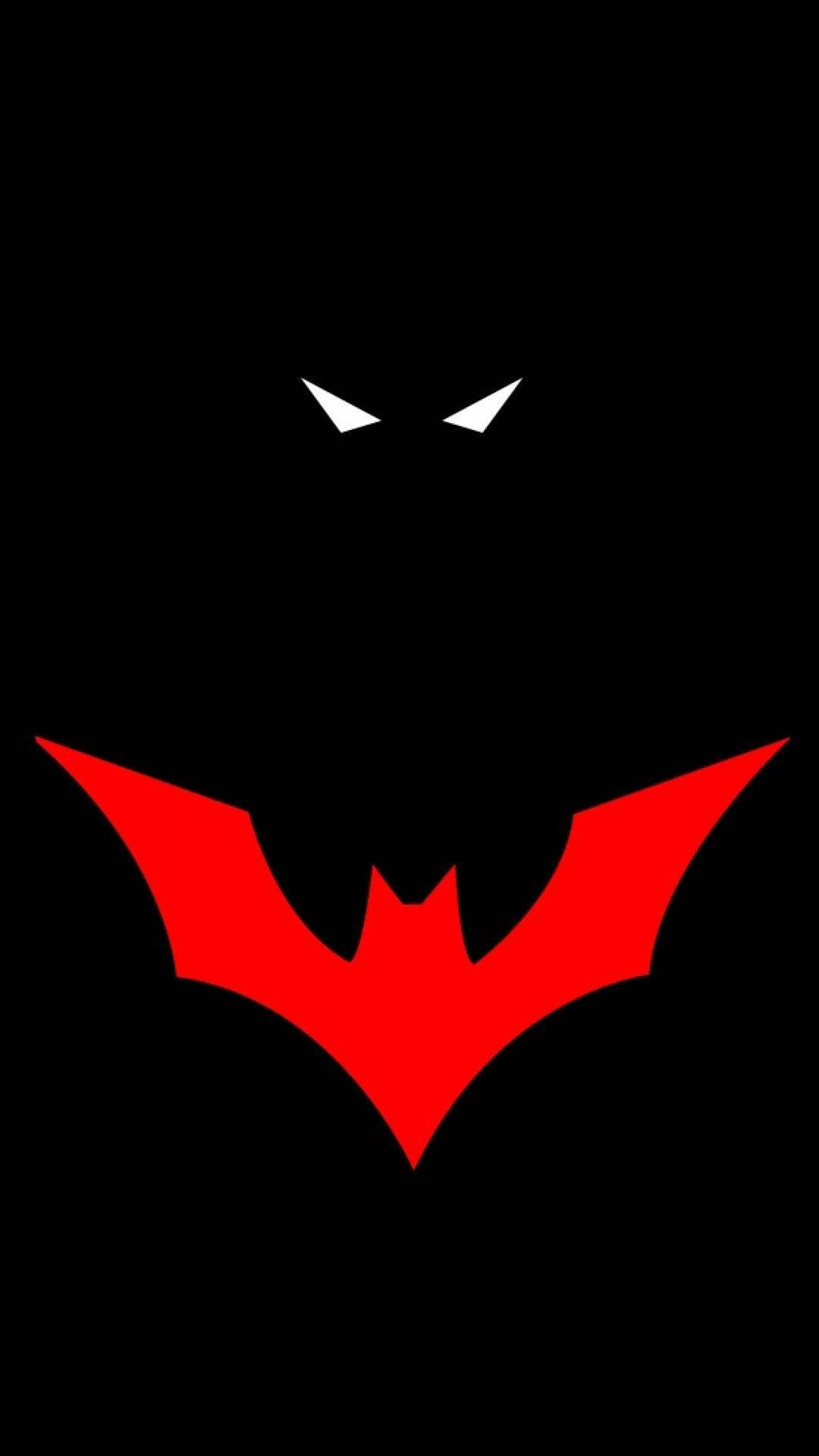 Batman Logo 桌布 壁紙 — 一個極簡黑色背景上有一個紅色蝙蝠符號，帶有發光的白色眼睛向前凝視。