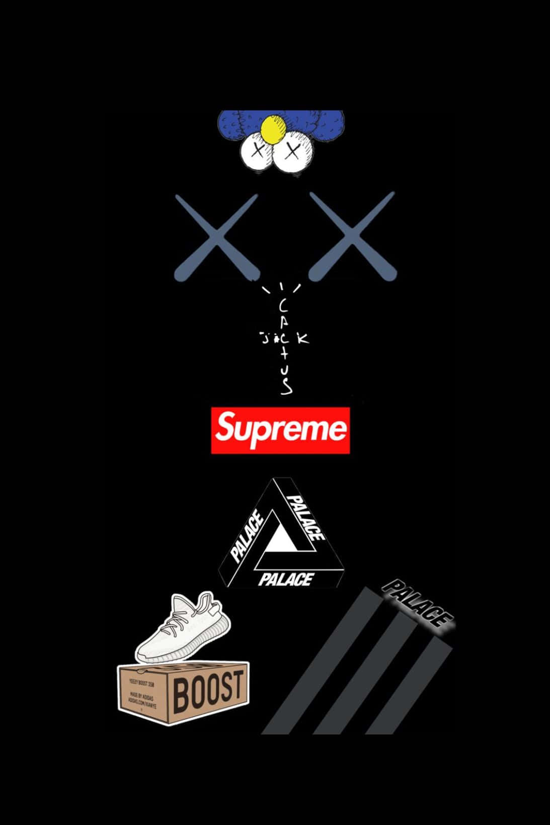 Kaws X Supreme 桌布 壁紙 — 一個極簡黑色背景展示疊放的街頭服飾標誌和一隻白色運動鞋放在印有「BOOST」文字的紙箱上。