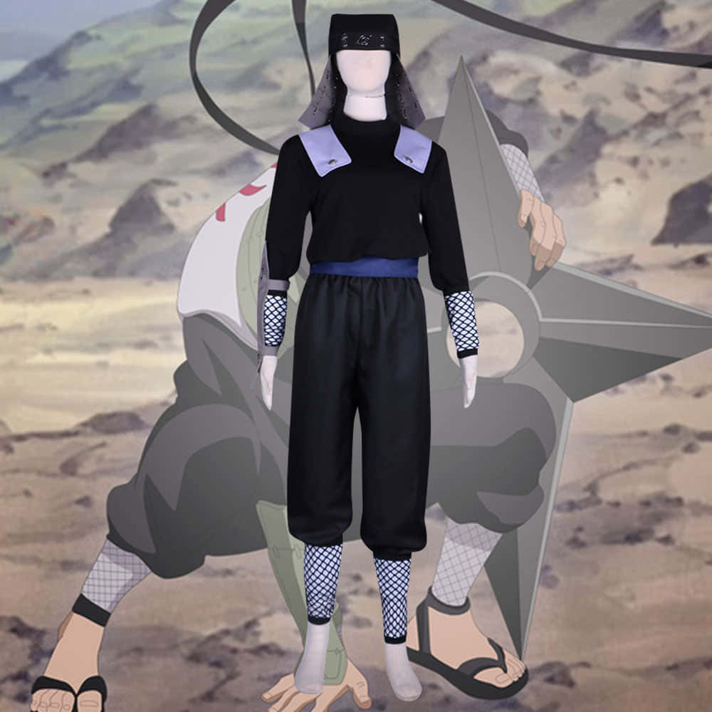 Third Hokage 桌布 壁紙 — 一個模特兒穿著帶有藍色點綴和魚網手套的黑色忍者Cosplay服裝，背景是沙漠，有一個大型動漫風格的手裏劍。