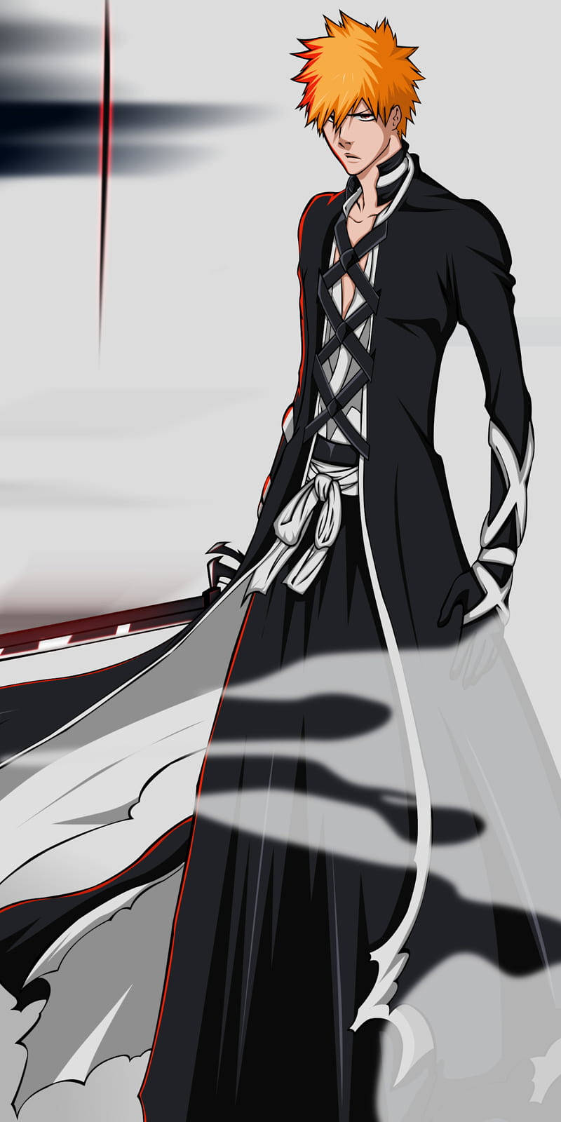 Bleach iPhone 桌布 壁紙 — 一個橙色尖刺頭髮的動漫戰士，身穿黑白外套，自信地站在帶有紅色點綴的簡約灰色背景前。
