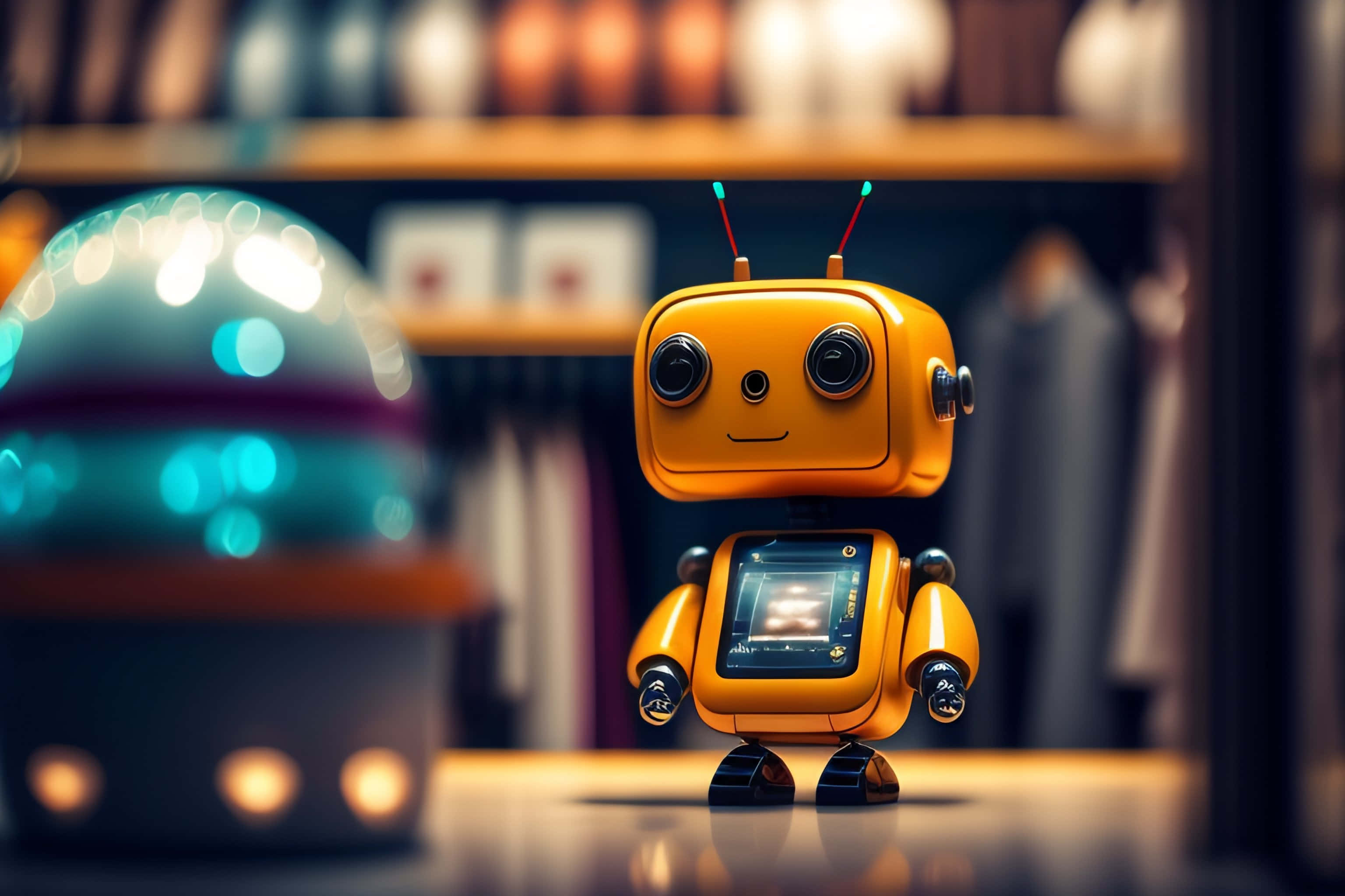 Kawaii Robot 桌布 壁紙 — 一個橙色開心復古機械人，帶有天線眼睛，站在溫暖燈光的商店貨架上，背後有模糊的衣架。