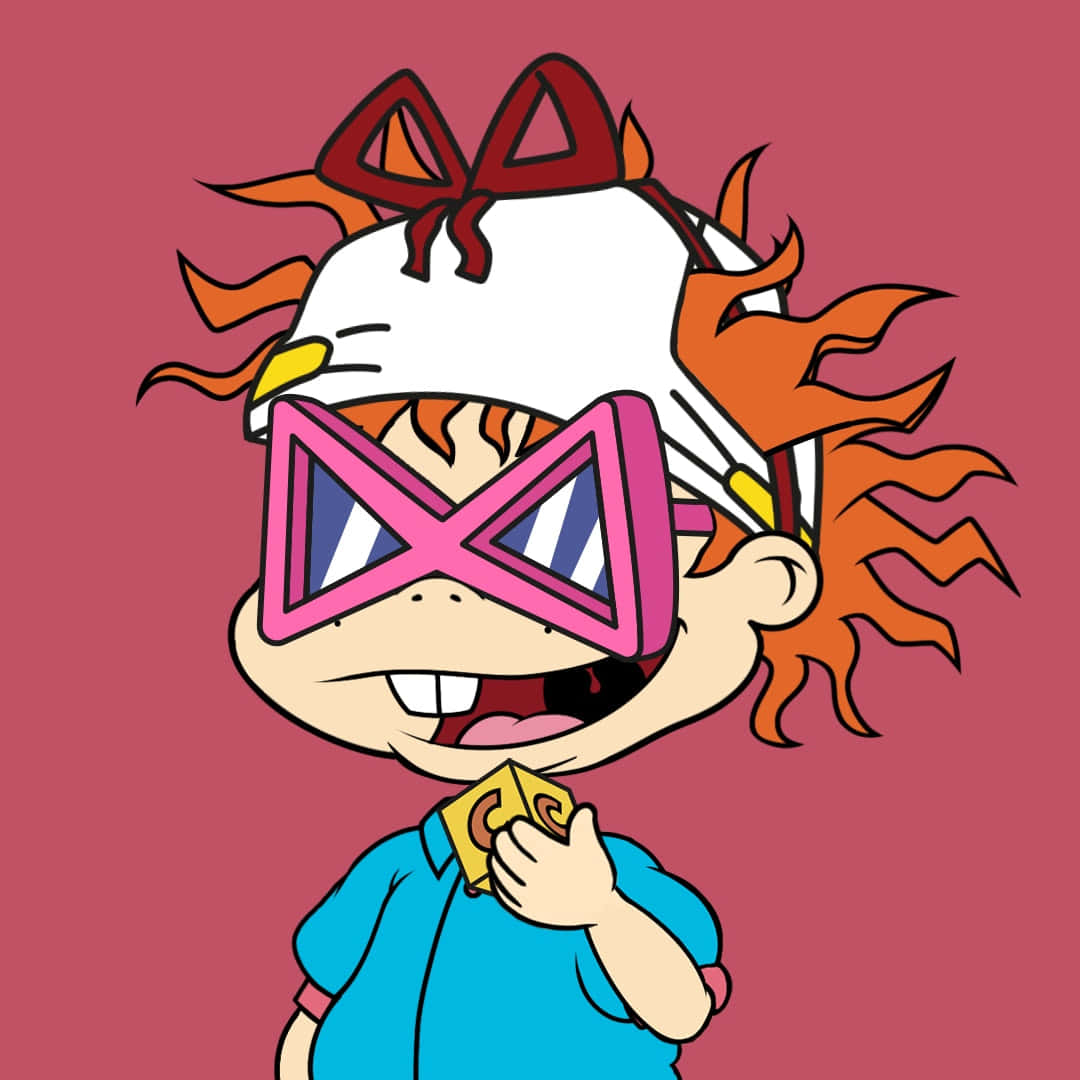 rugrats 桌布 壁紙 — 一個橙色頭髮、戴白色帽子的卡通女孩，手持黃色卡片，戴著粉紅色護目鏡，在純粉紅色背景前笑容燦爛。