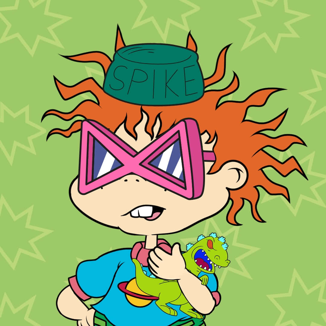 rugrats 桌布 壁紙 — 一個橙色頭髮、戴著粉紅色護目鏡的卡通小孩，在青檸綠色星星圖案背景前拿著一個綠色恐龍玩具。