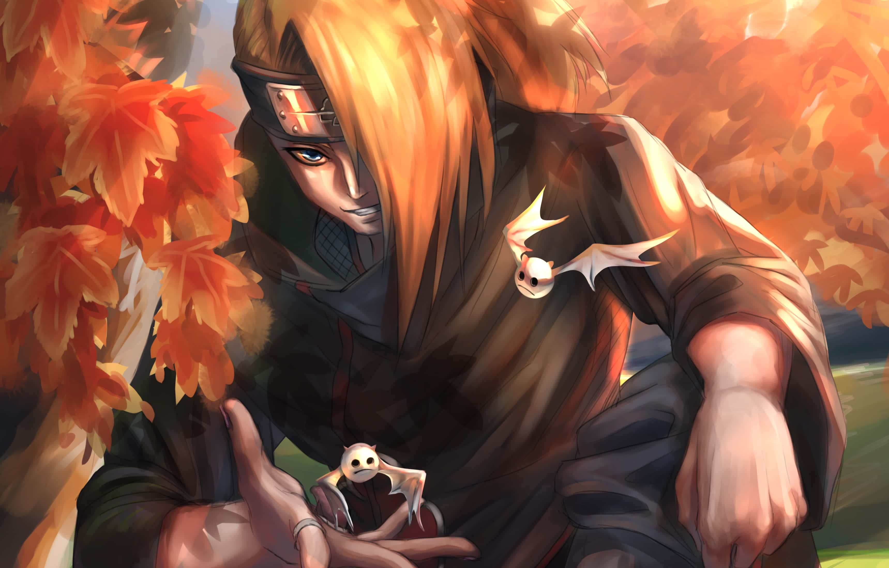 Akatsuki X Deidara 桌布 壁紙 — 一個橙色頭髮、戴頭帶的忍者跪在火紅的秋葉中，抱著兩隻白色小生物。