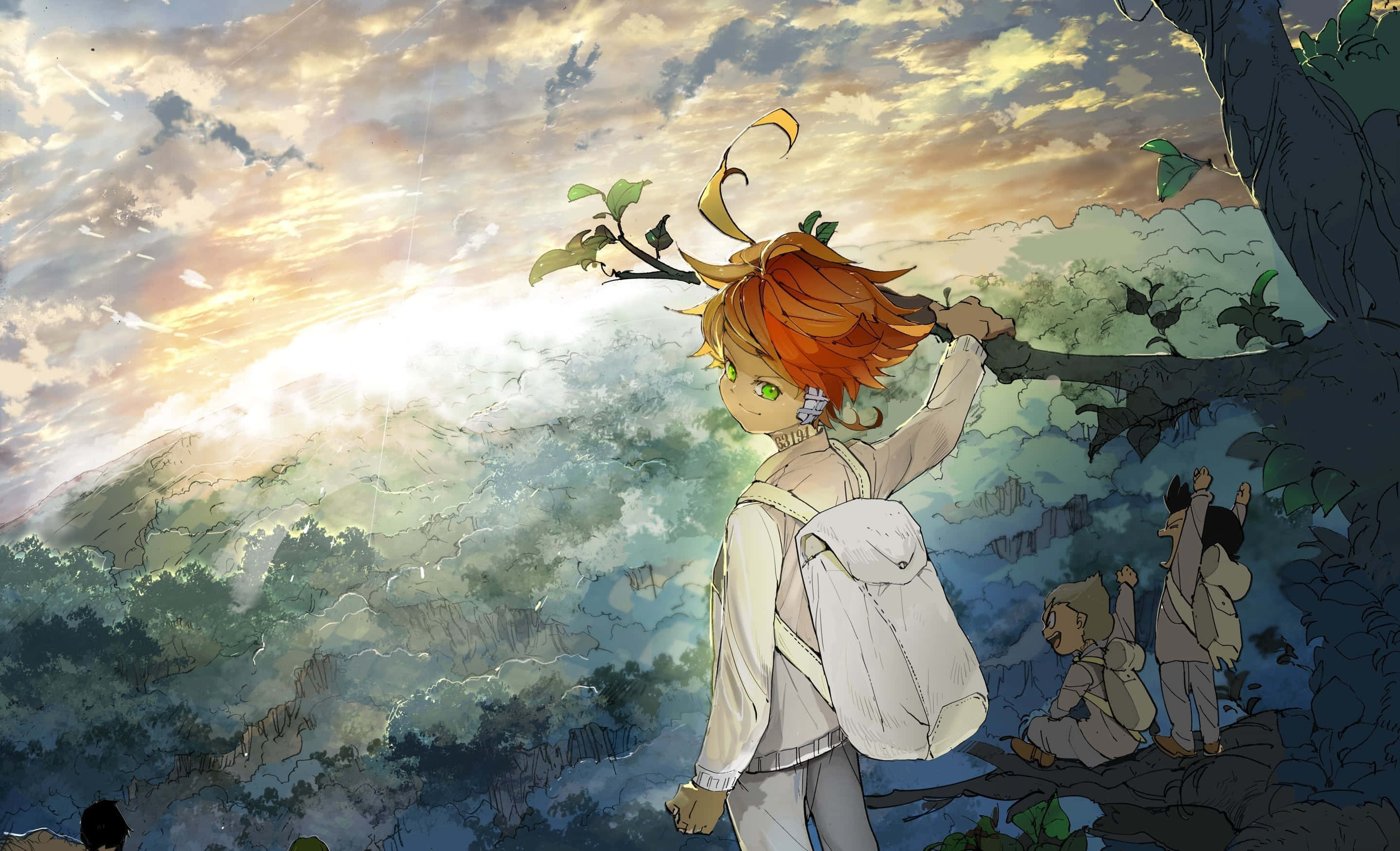 The Promised Neverland Emma 桌布 壁紙 — 一個橙色頭髮、綠色眼睛的年輕動漫男孩站在懸崖上，手持樹枝，陽光穿過雲層照耀在霧氣瀰漫的山谷之上。