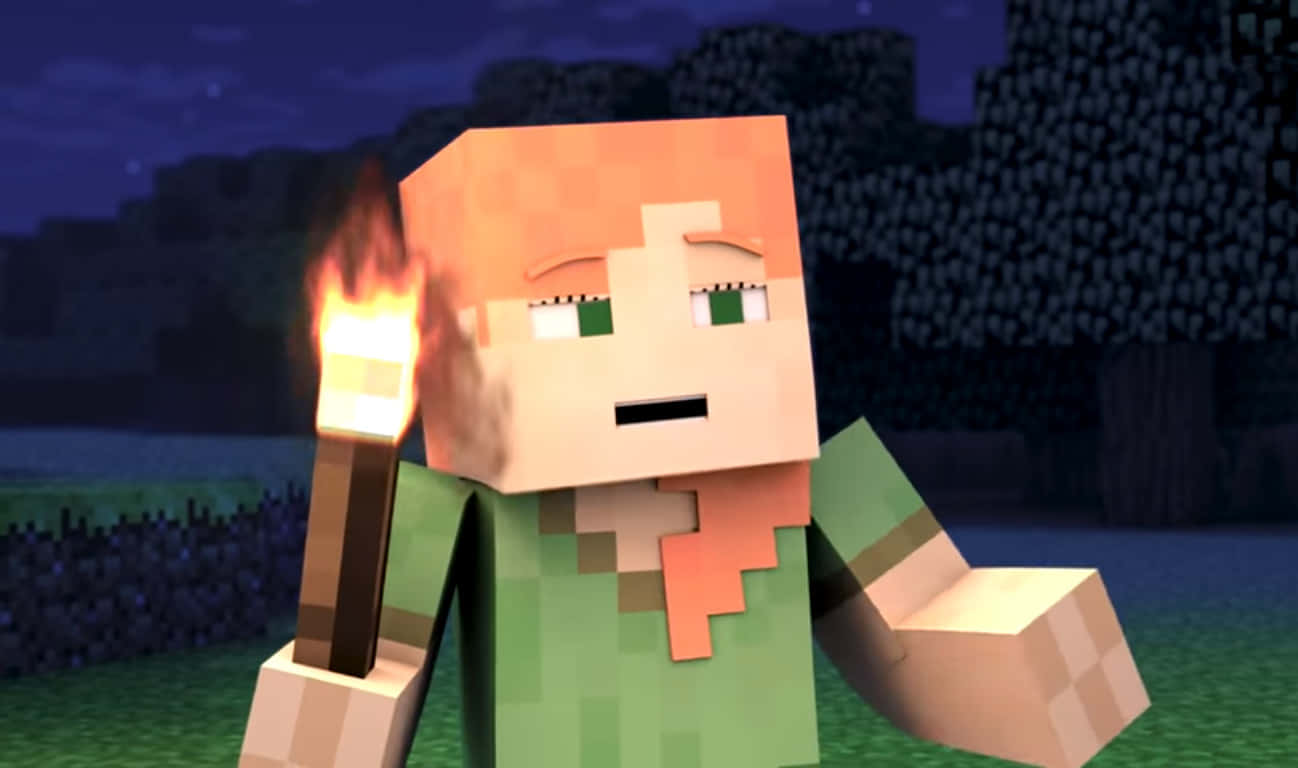 Minecraft Alex 桌布 壁紙 — 一個橙色頭髮的Minecraft角色在像素化的夜間風景中手持燃燒的火把。