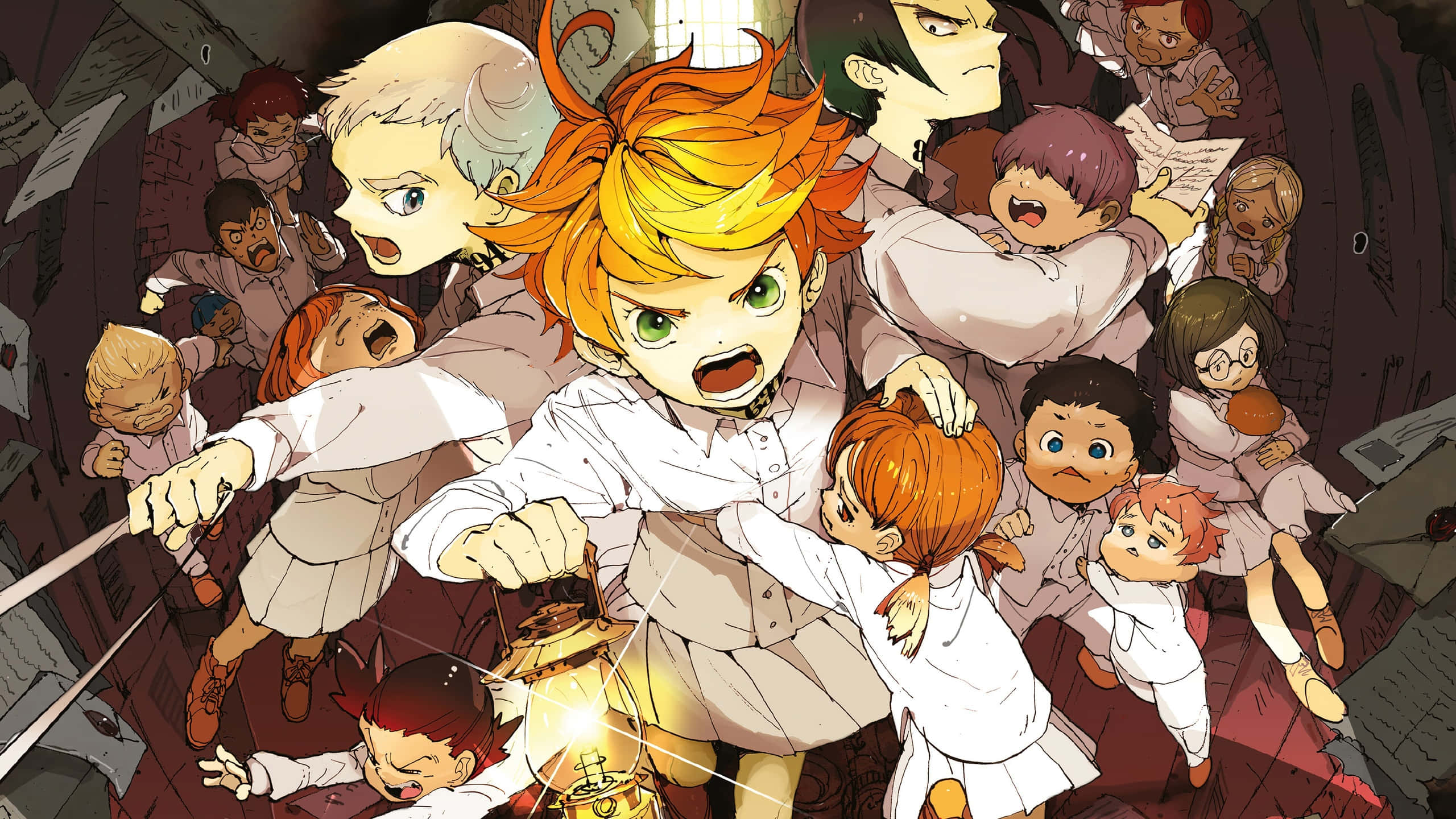 Promised Neverland 桌布 壁紙 — 一個橙色頭髮的兇猛動漫小孩在黑暗、破舊的走廊中揮舞著發光的燈籠，周圍是驚慌失措的孩子。