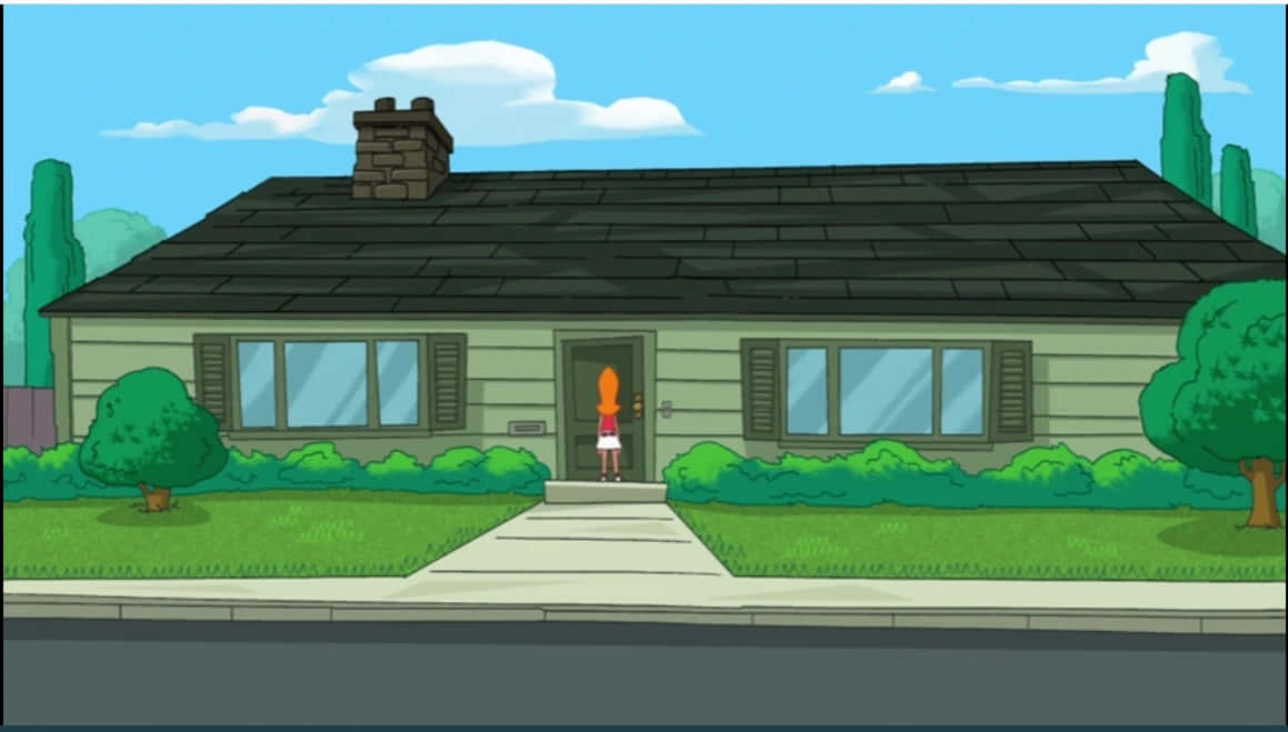 Phineas And Ferb 桌布 壁紙 — 一個橙色頭髮的卡通人物站在郊區房屋的前門，背景是晴朗的藍天和蓬鬆的白雲。