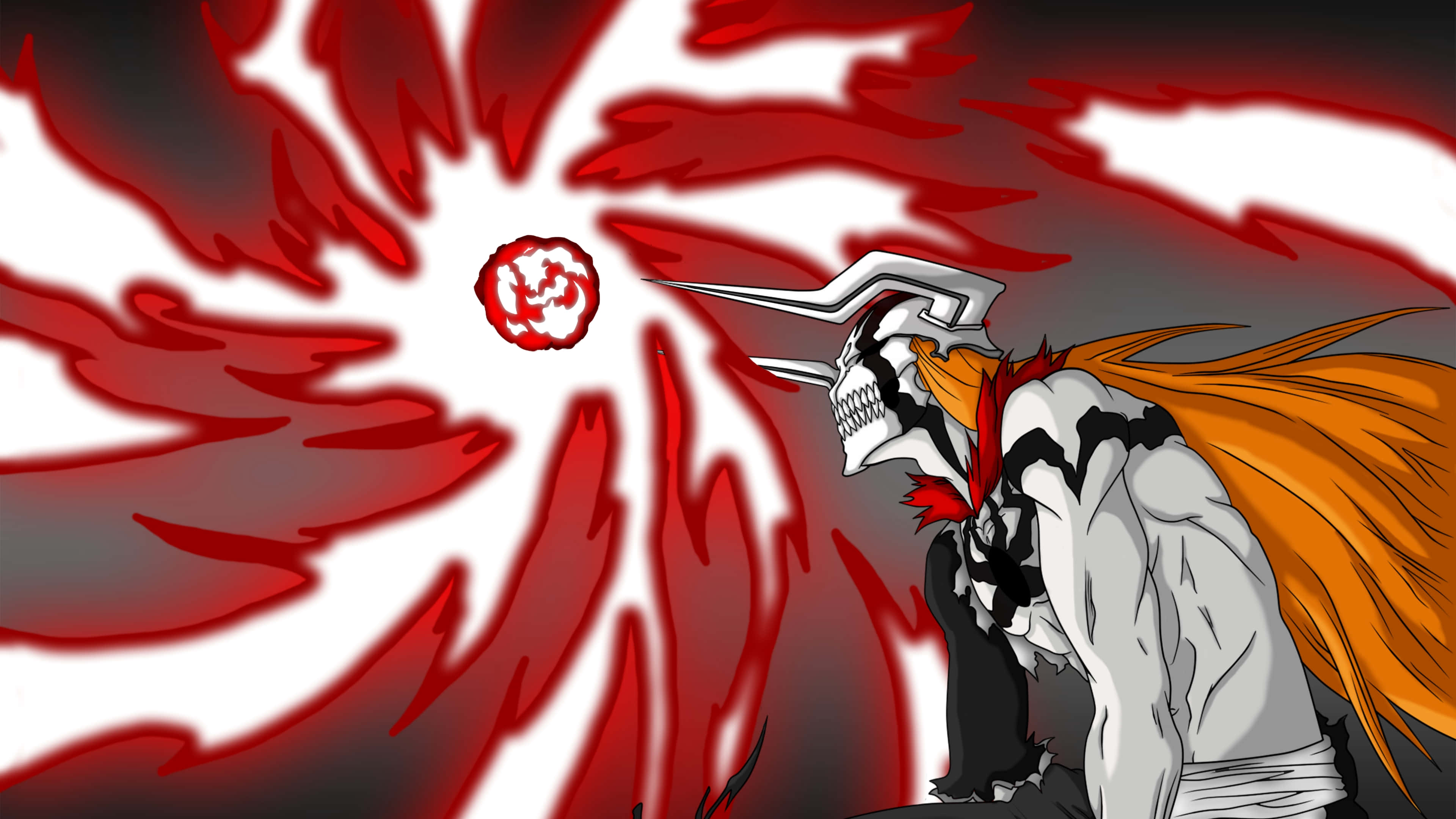 Ichigo 4K 桌布 壁紙 — 一個橙色頭髮的骷髏動漫戰士在純白背景下釋放出旋轉的紅色能量衝擊波。