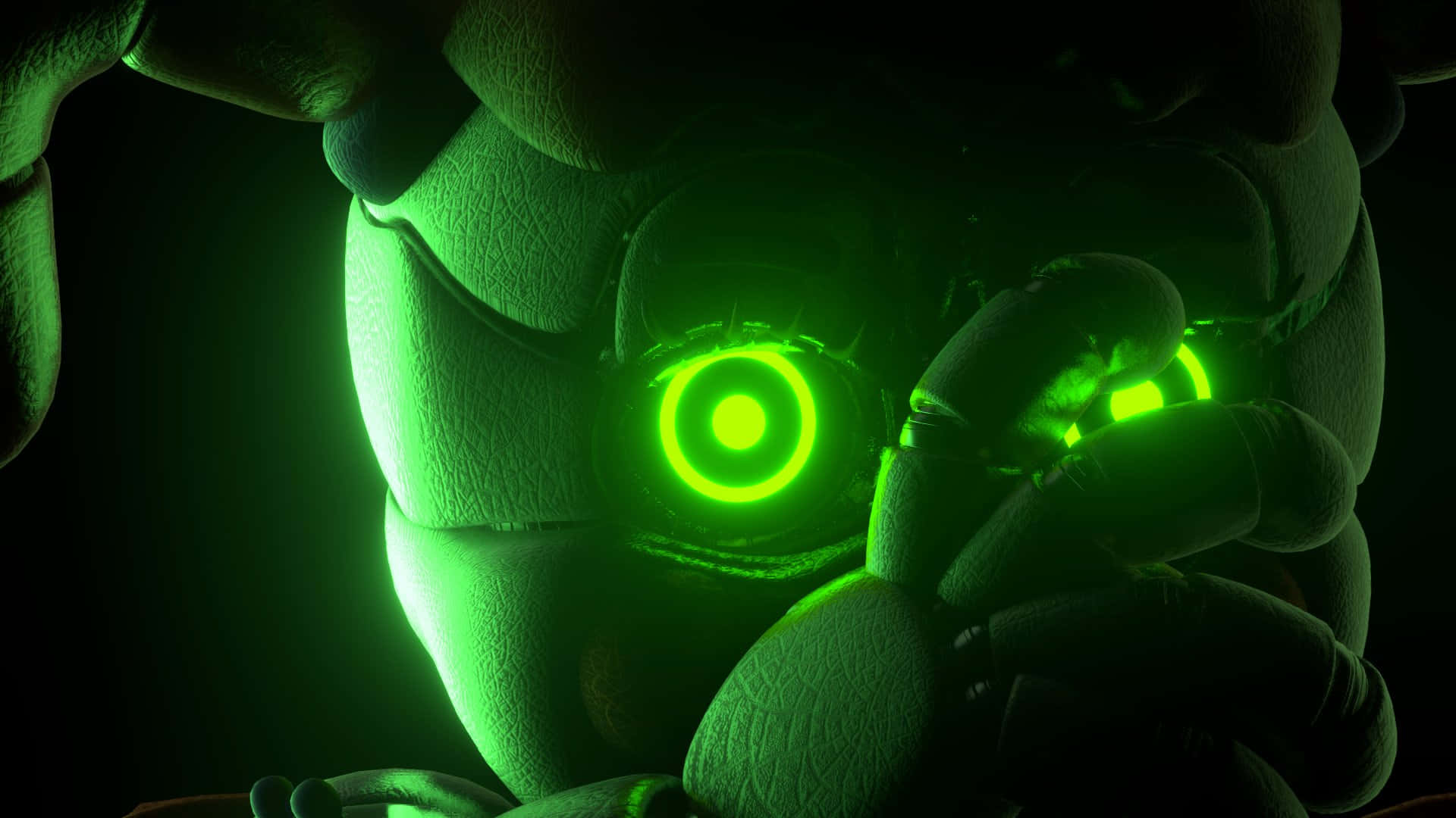 Fnaf Sister Location 桌布 壁紙 — 一個機械動畫模型的近距離特寫，在黑暗環境中有發光的綠色眼睛和紋理皮膚。