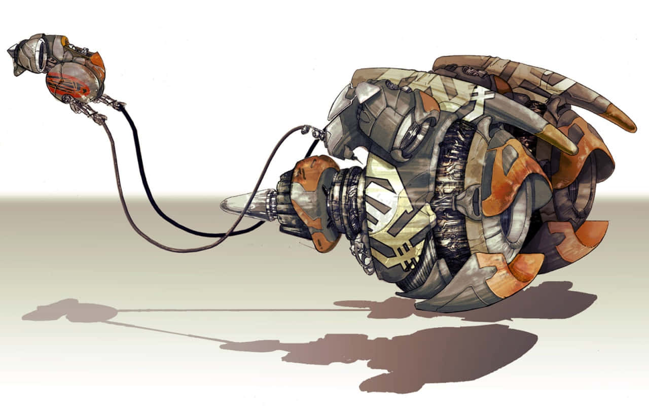 Podracing 桌布 壁紙 — 一個機械生物的詳細插圖，具有裝甲節段和拖曳的電纜，背景為純色。