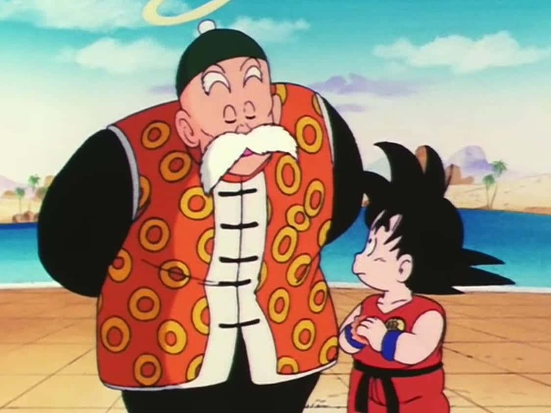 Grandpa Gohan 桌布 壁紙 — 一個歡快的動漫場景，一個大鬍子男人頭頂光環，和一個穿紅衣的小男孩站在海邊木板路上。