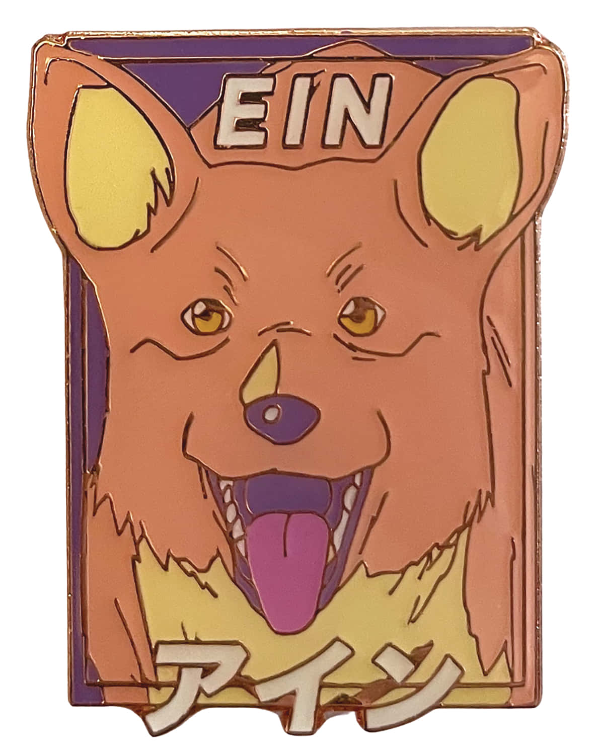 Cowboy Bebop Ein 桌布 壁紙 — 一個歡快的動漫風格狗狗別針，上面有名字 Ein 和日文字，色調溫暖，表情俏皮。