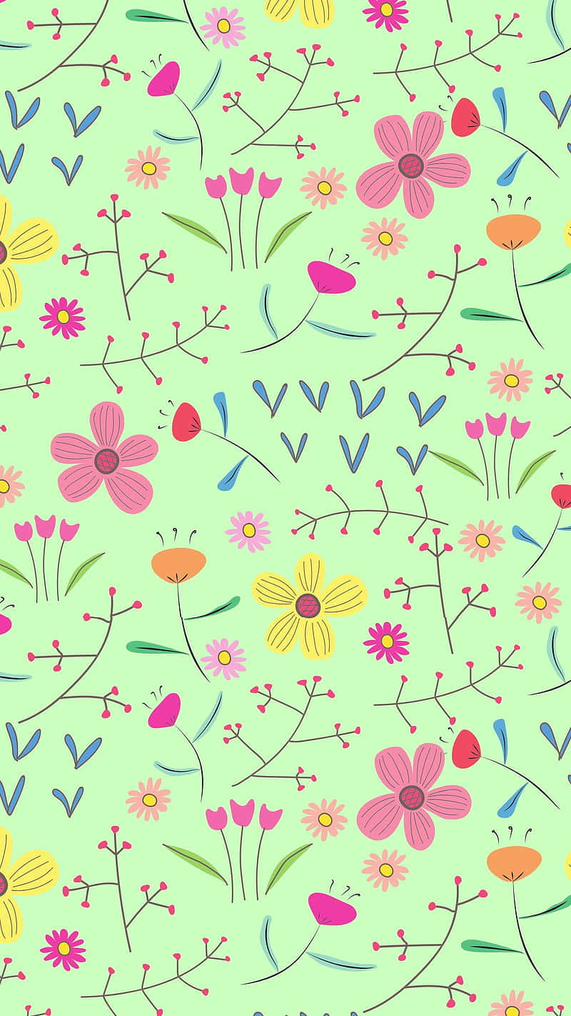 Cute Flower 桌布 壁紙 — 一個歡快的圖案，由粉紅色、黃色和藍色的風格化花朵組成，背景為薄荷綠色。