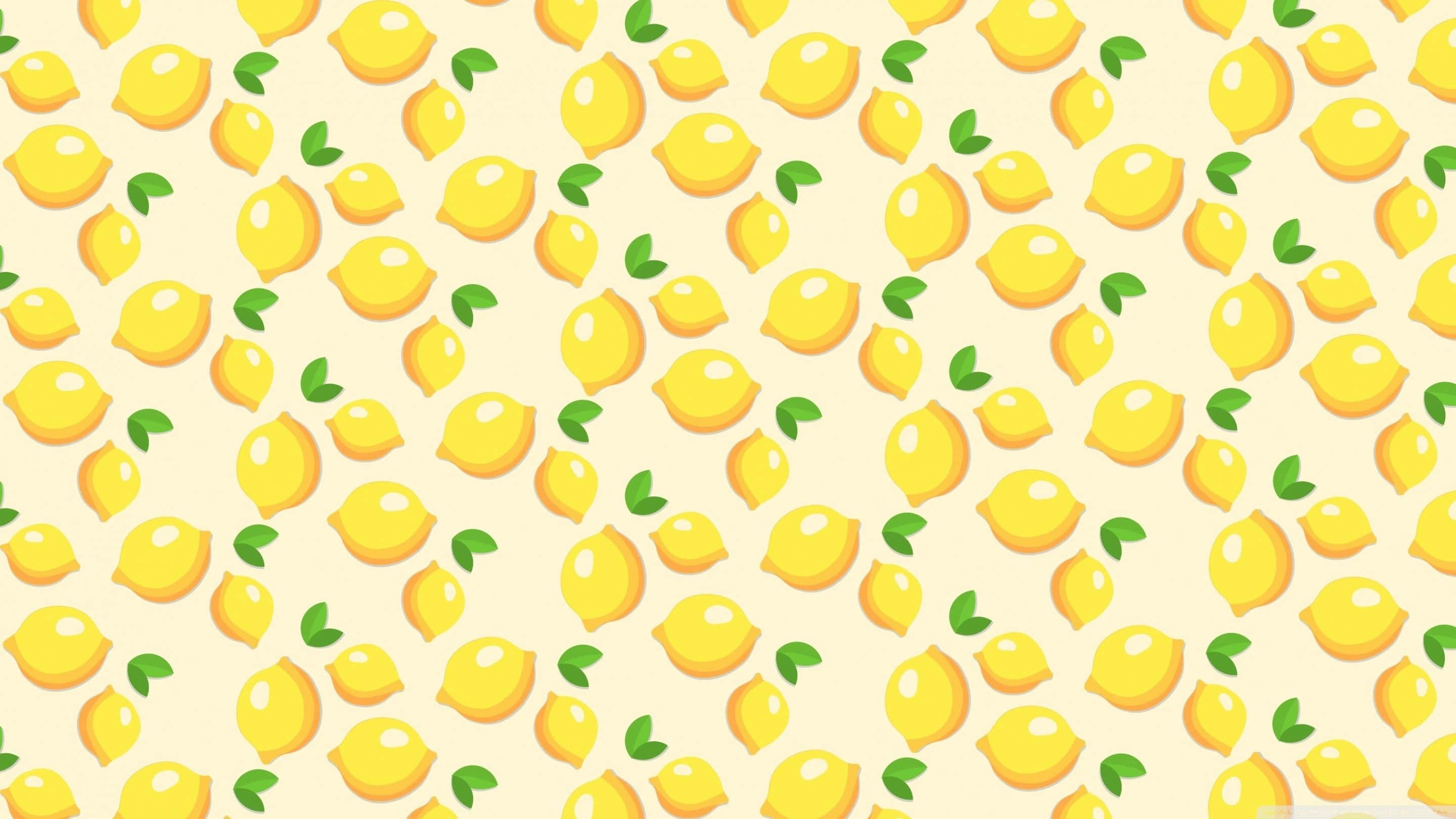 Aesthetic Yellow 桌布 壁紙 — 一個歡快的圖案，由鮮黃色的檸檬和綠葉散佈在柔和的奶油色背景上組成。