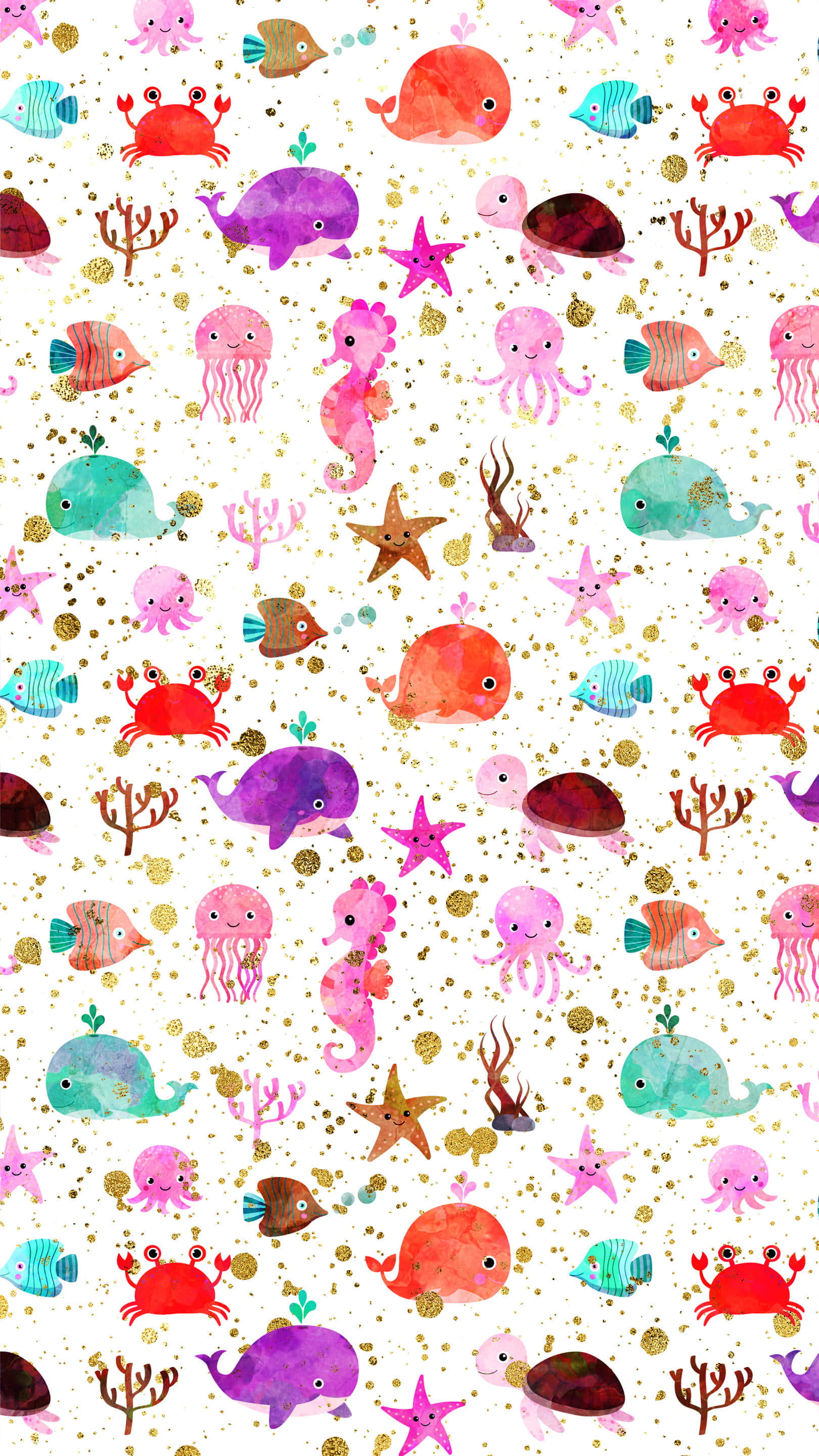 Kawaii Sea Creatures 桌布 壁紙 — 一個歡快的水彩圖案，包含色彩繽紛的卡通海洋生物和珊瑚，背景是閃閃發光的白色。