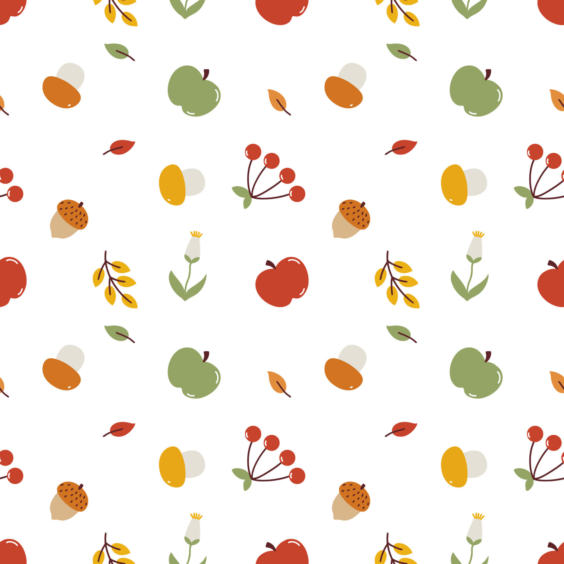 Fall Harvest 桌布 壁紙 — 一個歡快的秋季圖案，蘋果、橡果、樹葉和漿果散落在潔白的背景上。