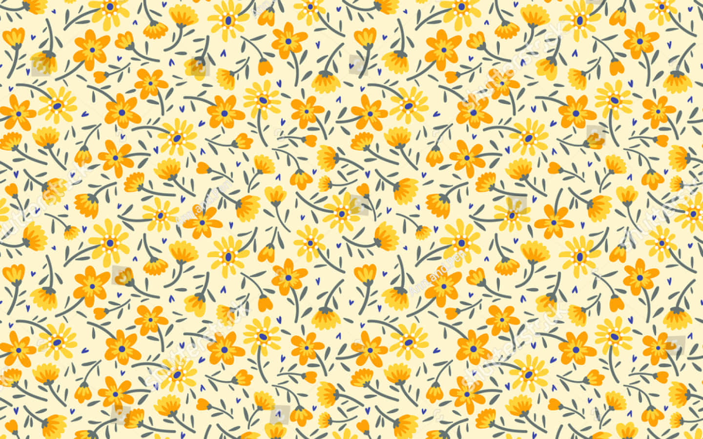 Cute Yellow 桌布 壁紙 — 一個歡快的重複圖案，由黃色花朵、綠色莖幹和藍色點綴組成，背景為奶油色。